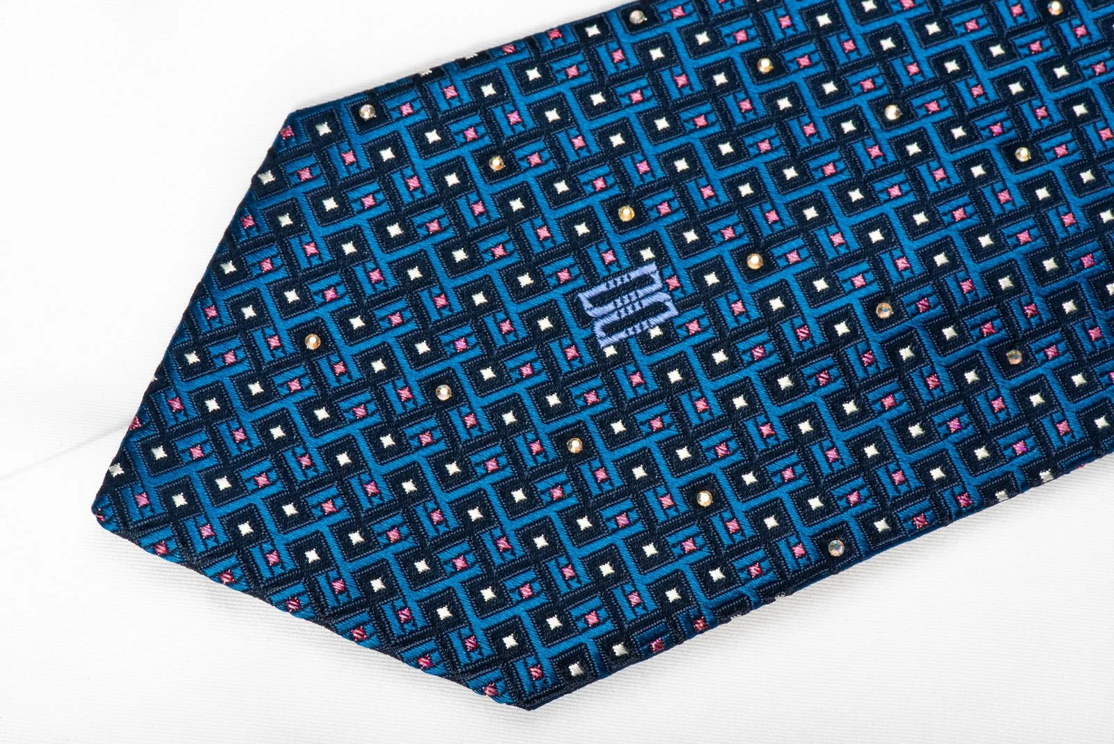 Daks Men's Crystal Rhinestone Silk Necktie Silver Geometric On Blue With Red Sparkles - Image 4