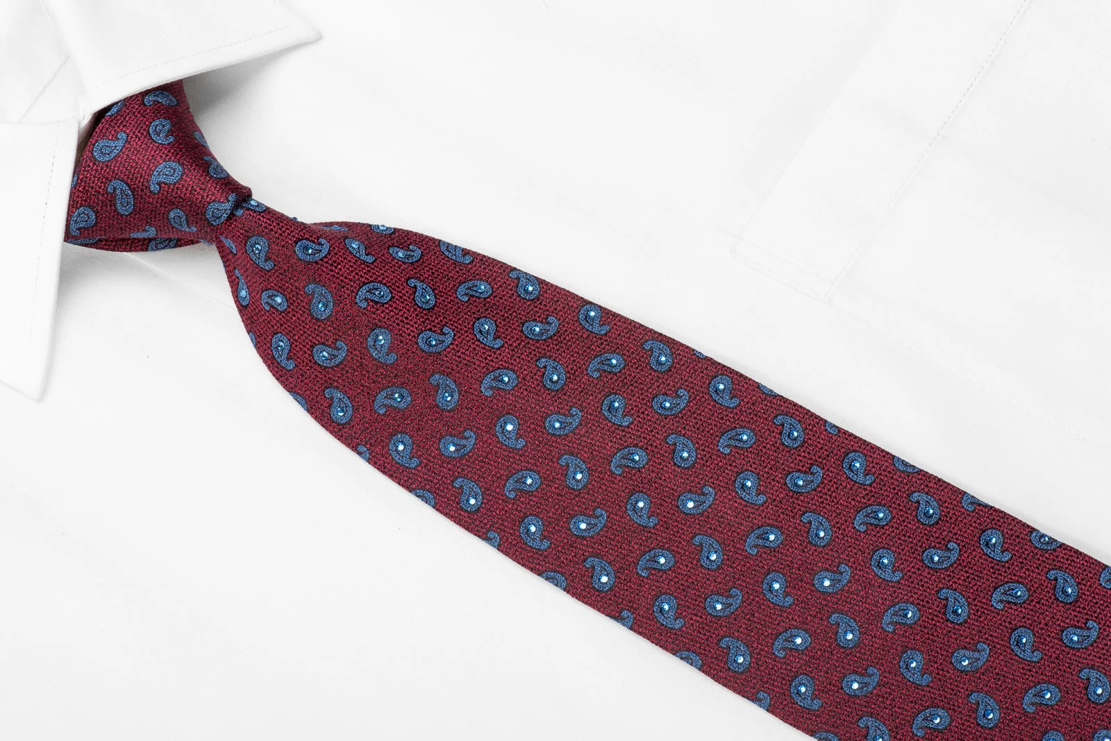 Daks Men's Crystal Silk Necktie Blue Paisley On Burgundy - Image 2