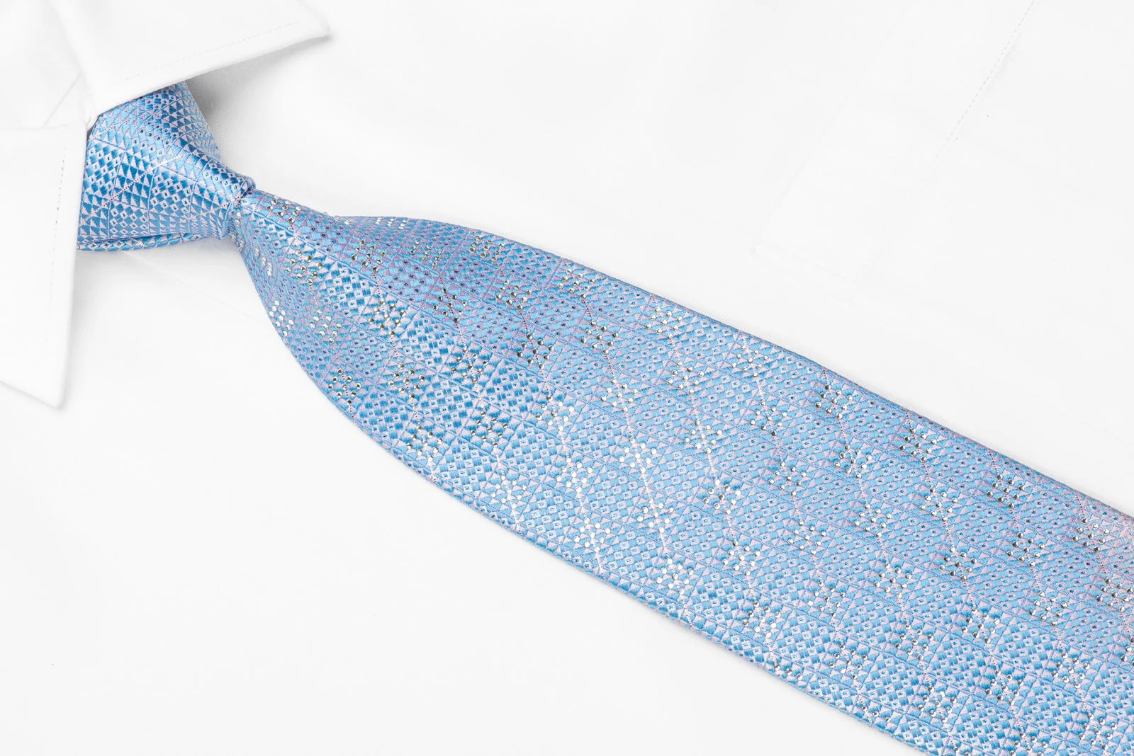 Daks Men's Crystal Silk Necktie Blue Pink Micro Checker With Silver Sparkles - Image 3