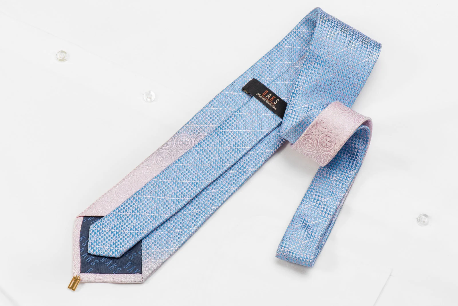 Daks Men's Crystal Silk Necktie Blue Pink Micro Checker With Silver Sparkles - Image 5