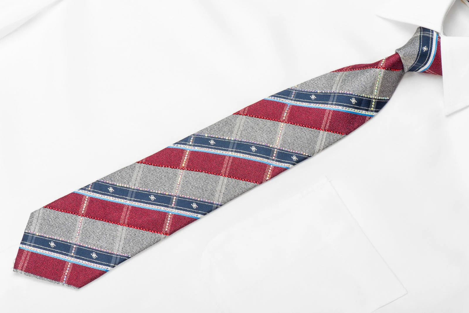 Daks Men's Crystal Silk Necktie Burgundy Gray Blue Striped Plaids With Sparkles - Image 3