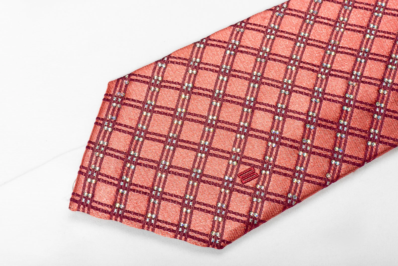 Daks Men's Crystal Silk Necktie Checkered On Pink With Silver Sparkles - Image 3