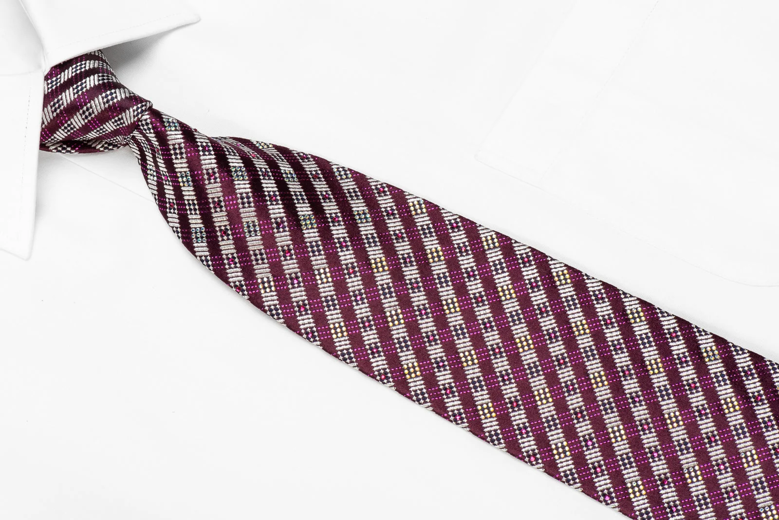 Daks Men's Crystal Silk Necktie Purple Silver Striped With Purple Sparkles - Image 3