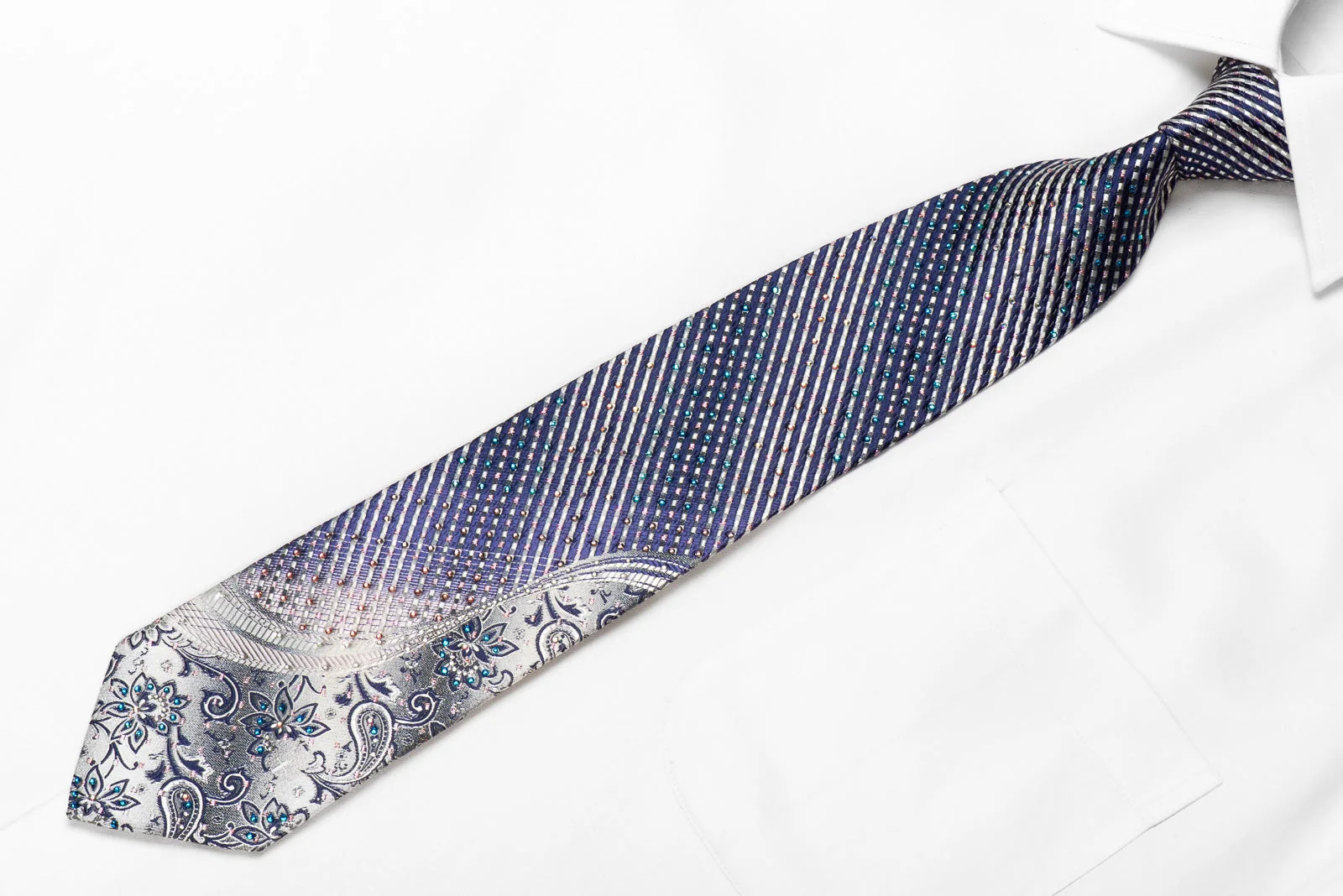 Daks Men's Crystal Silk Necktie Silver Blue Striped & Floral With Silver Sparkles - Image 3