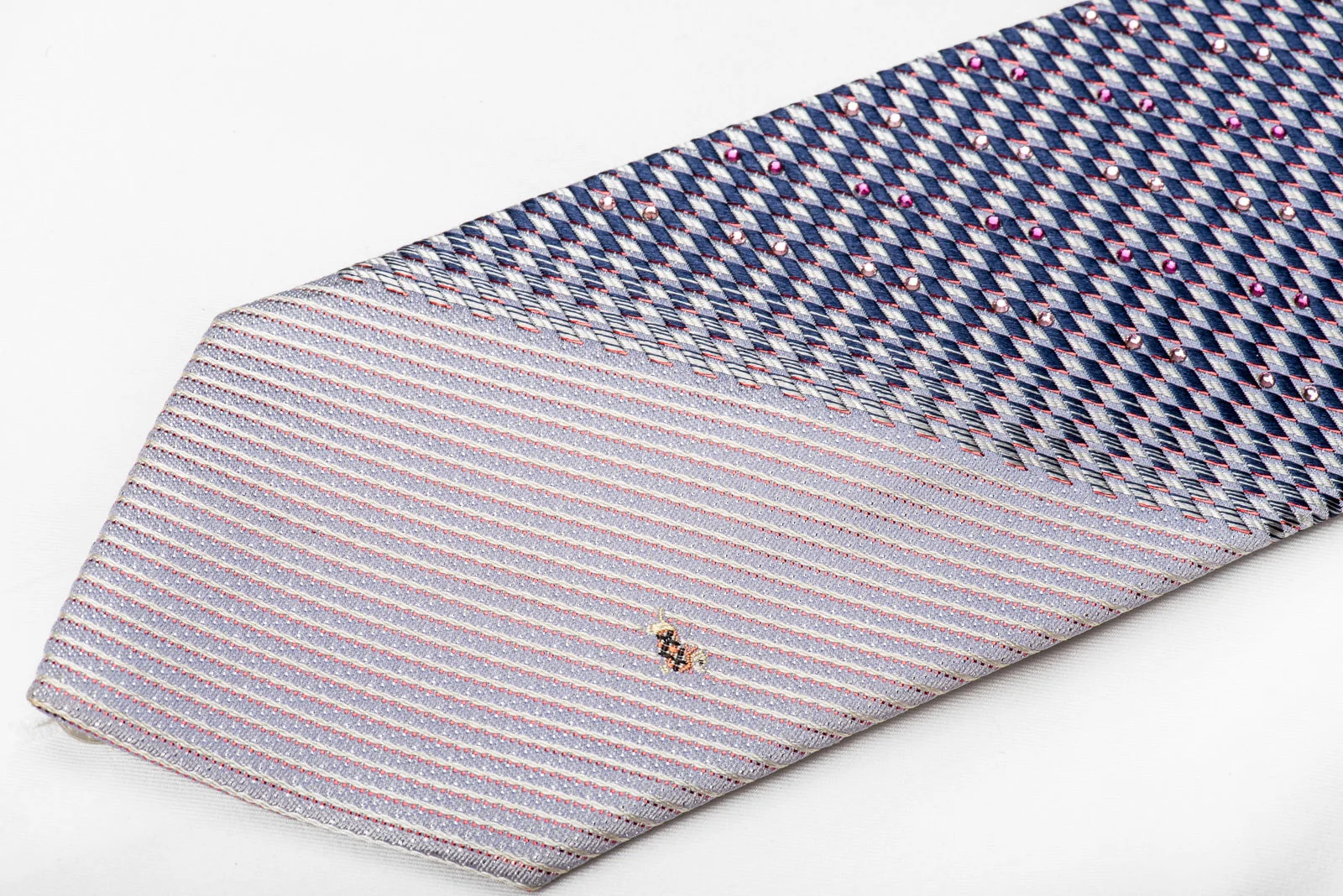 Daks Men's Crystal Silk Tie Blue Silver Geometric Checker With Red Sparkles - Image 3