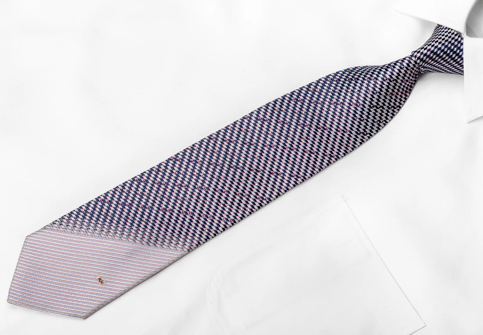 Daks Men's Crystal Silk Tie Blue Silver Geometric Checker With Red Sparkles - Image 4