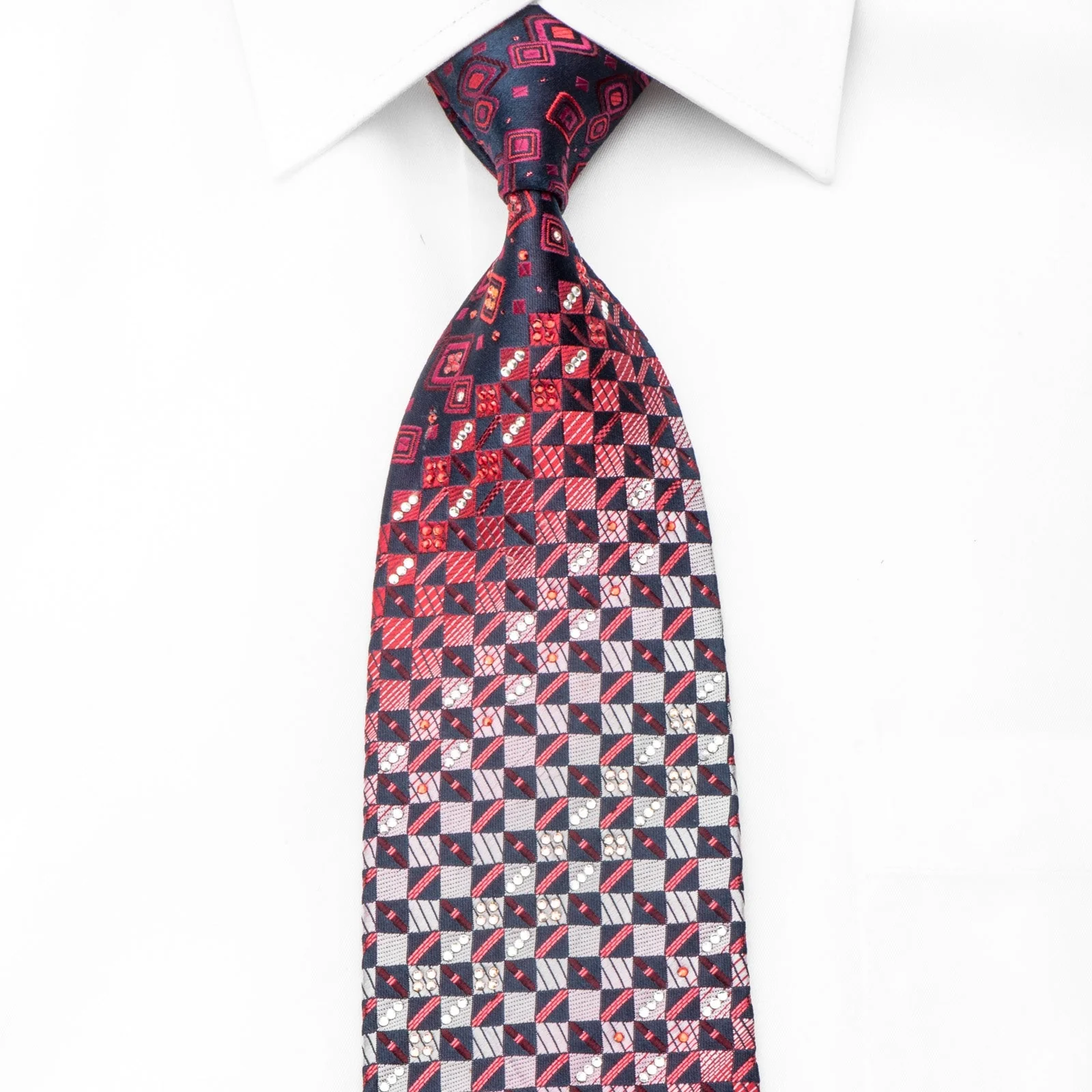 Daks Men's Crystal Silk Tie Red Checkered On Navy With Rhinestones & Red Sparkles