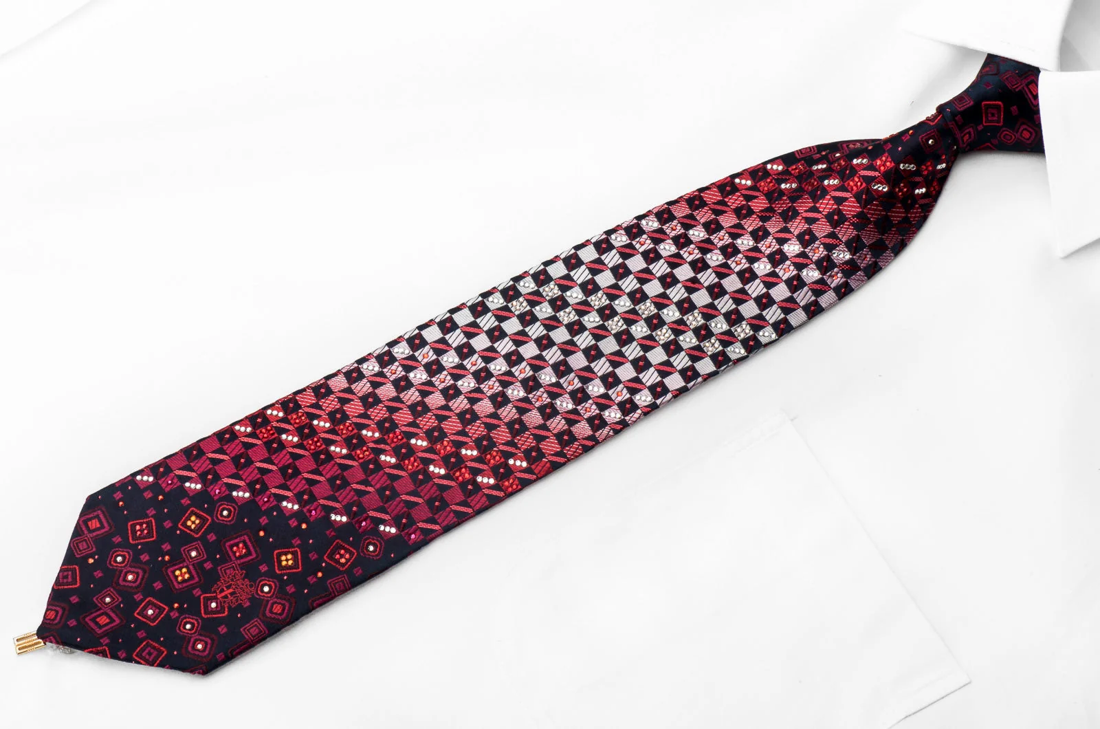 Daks Men's Crystal Silk Tie Red Checkered On Navy With Rhinestones & Red Sparkles - Image 2