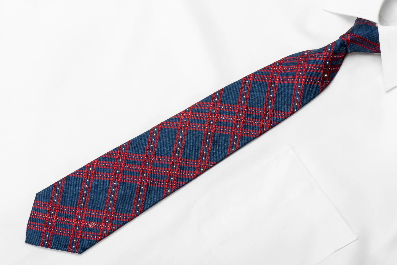 Daks Men's Crystal Silk Tie Red Stripes On Dark Blue Sparkling With Rhinestones - Image 3