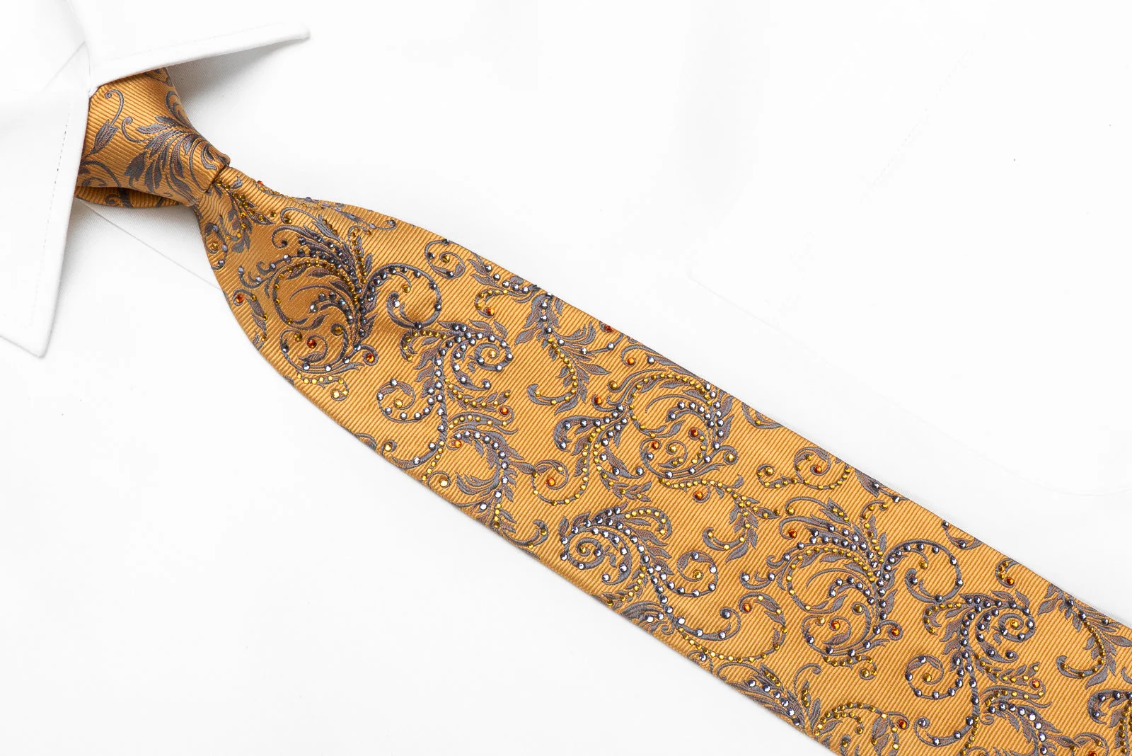 Daks Men's Crystal Silk Tie Silver Acanthus On Golden Yellow Sparkling With Rhinestones - Image 2