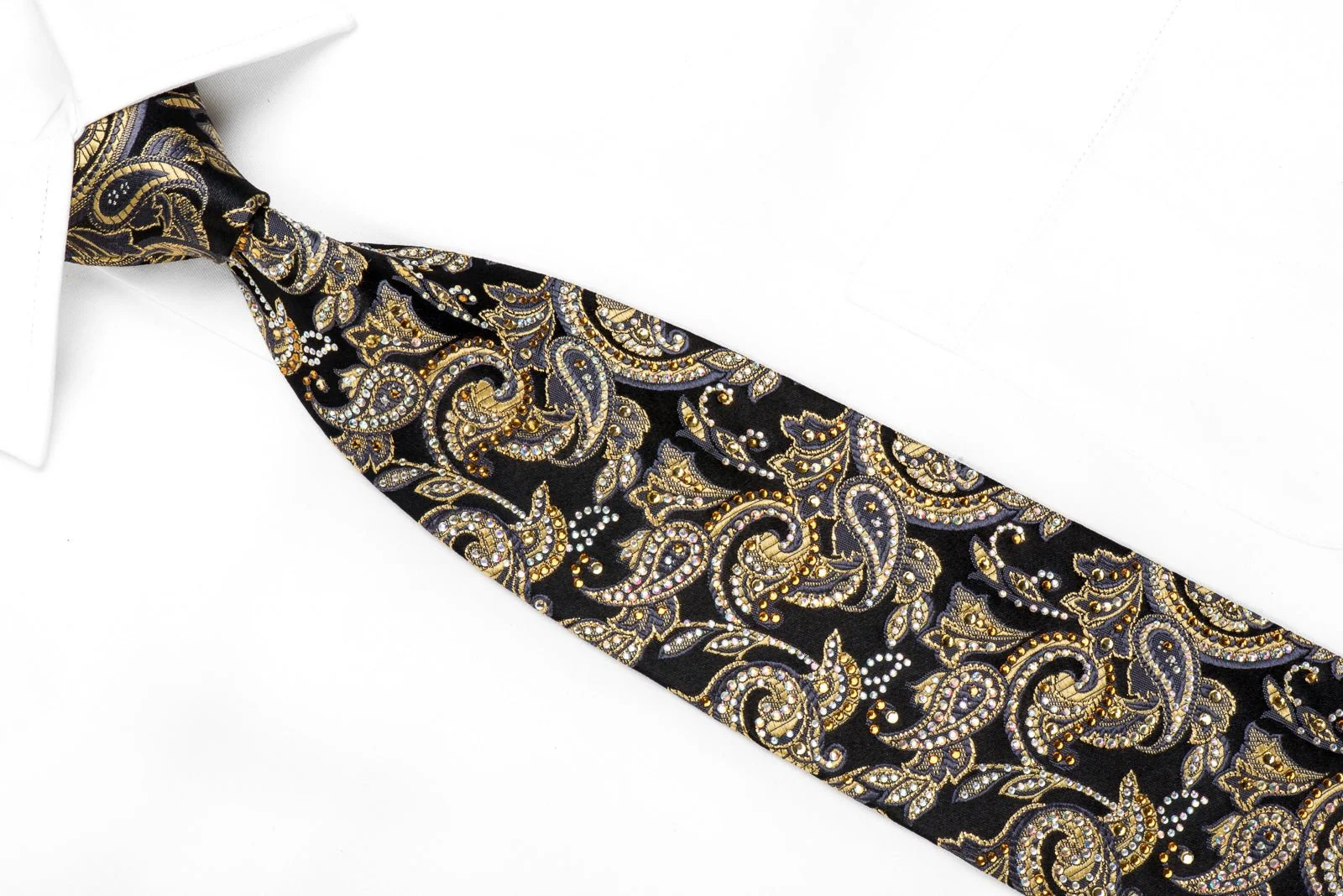 Men's Crystal Tie Gold Paisley Anthemion On Black With Gold Sparkles - Image 2