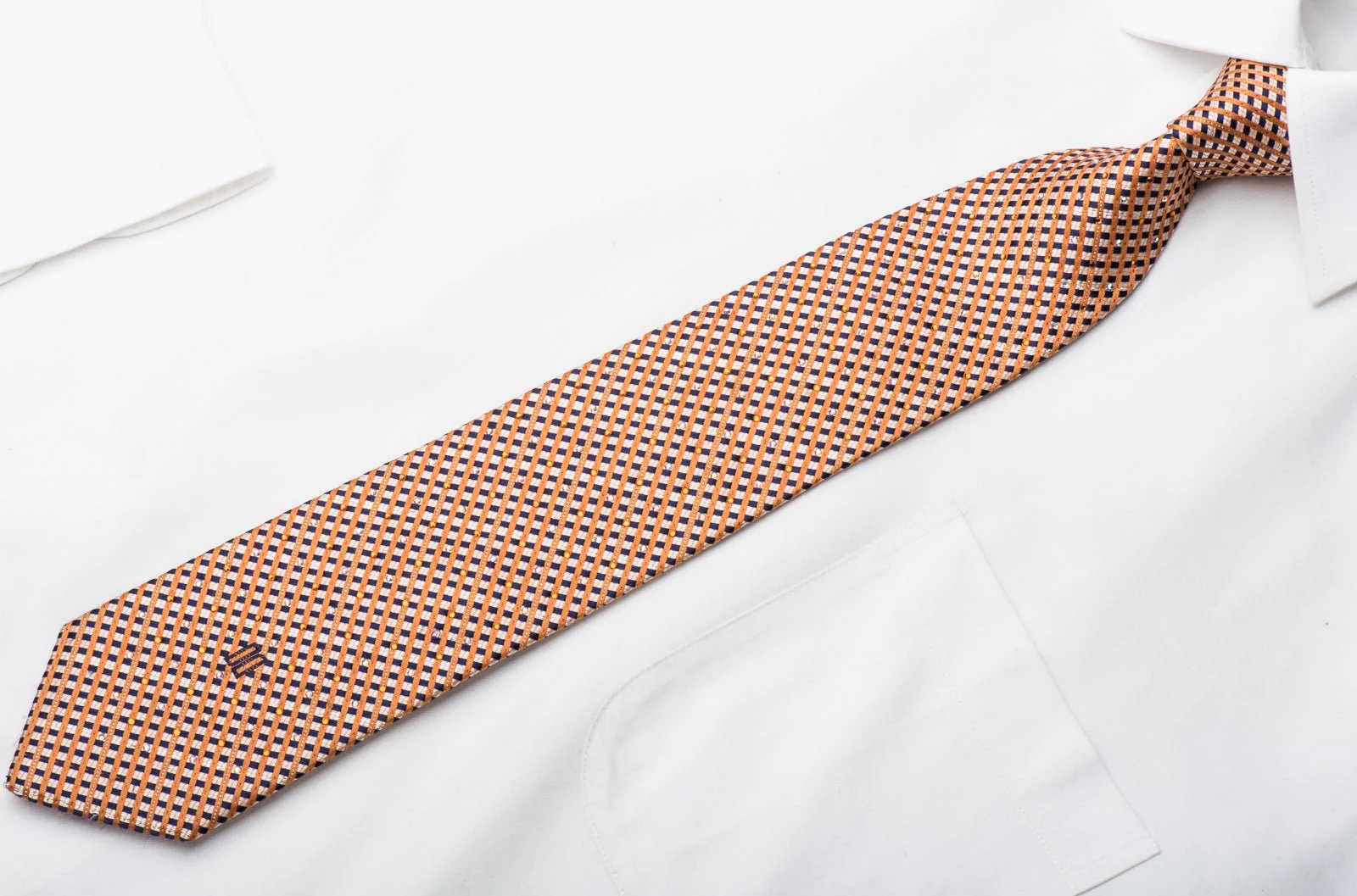 Orange Blue Striped Checker Rhinestone Tie With Silver Sparkles - Image 3