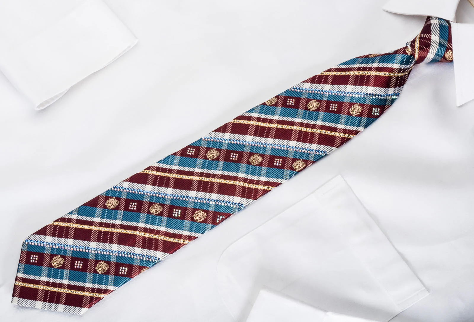 Daks Men's Rhinestone Silk Necktie Blue Burgundy Plaid With Gold Sparkles - Image 2