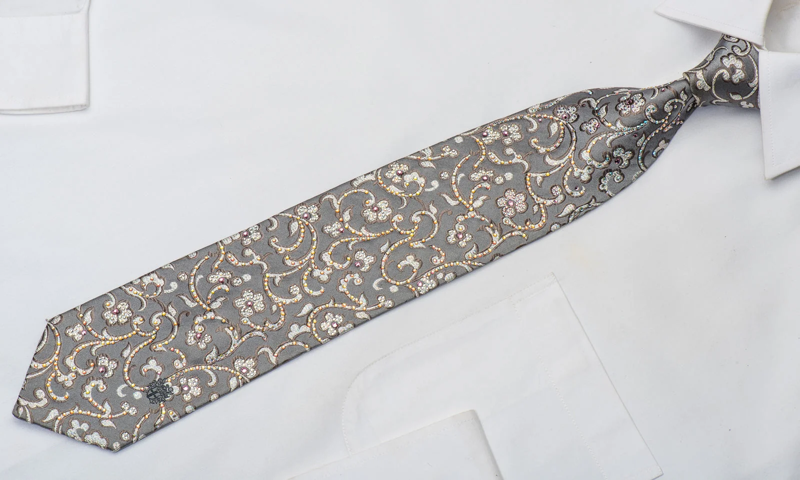 Daks Men's Rhinestone Silk Necktie Floral On Silver With Sparkles - Image 4