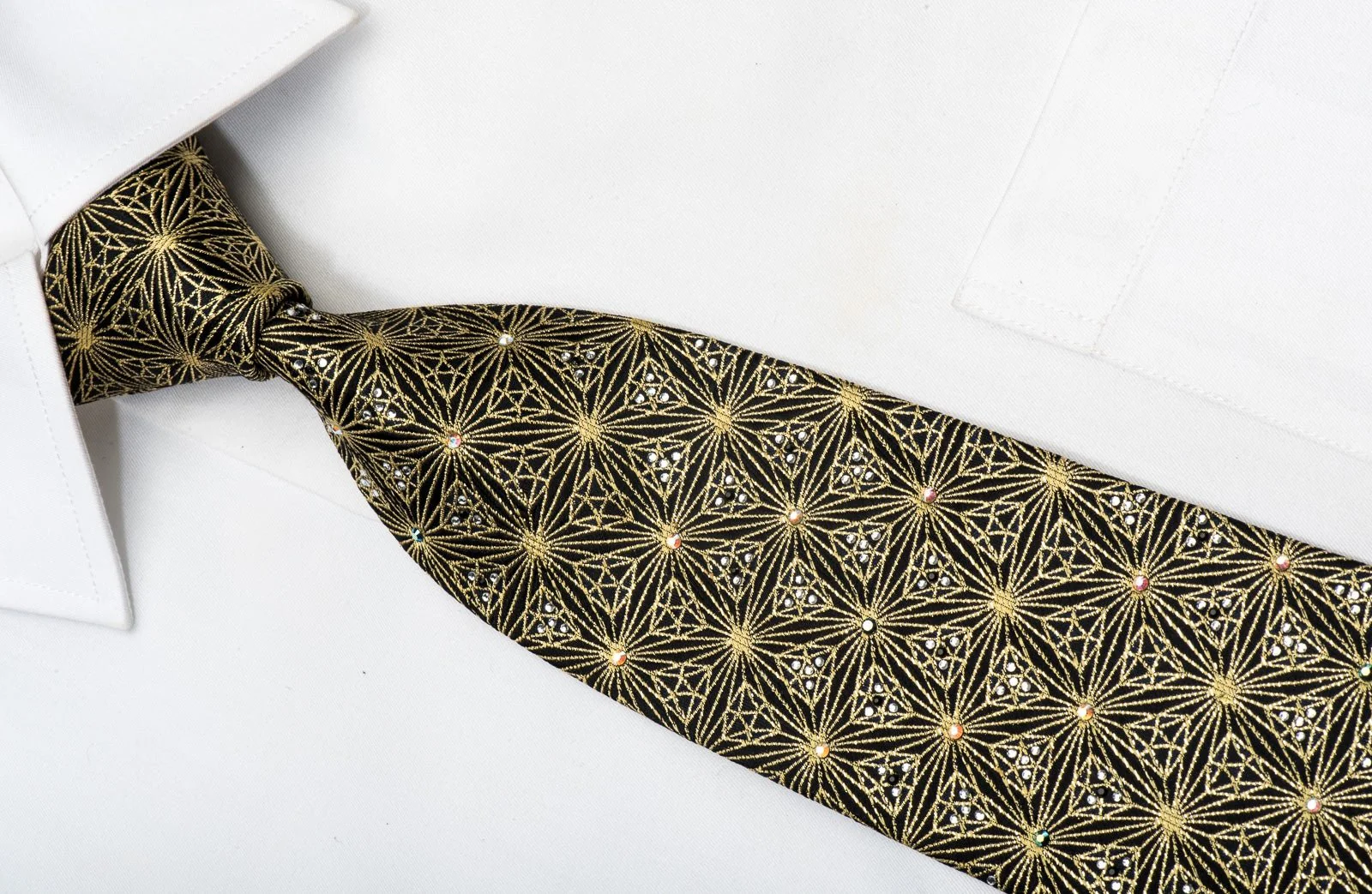 Daks Men's Rhinestone Silk Necktie Gold Trellis On Black With Gold Sparkles - Image 2