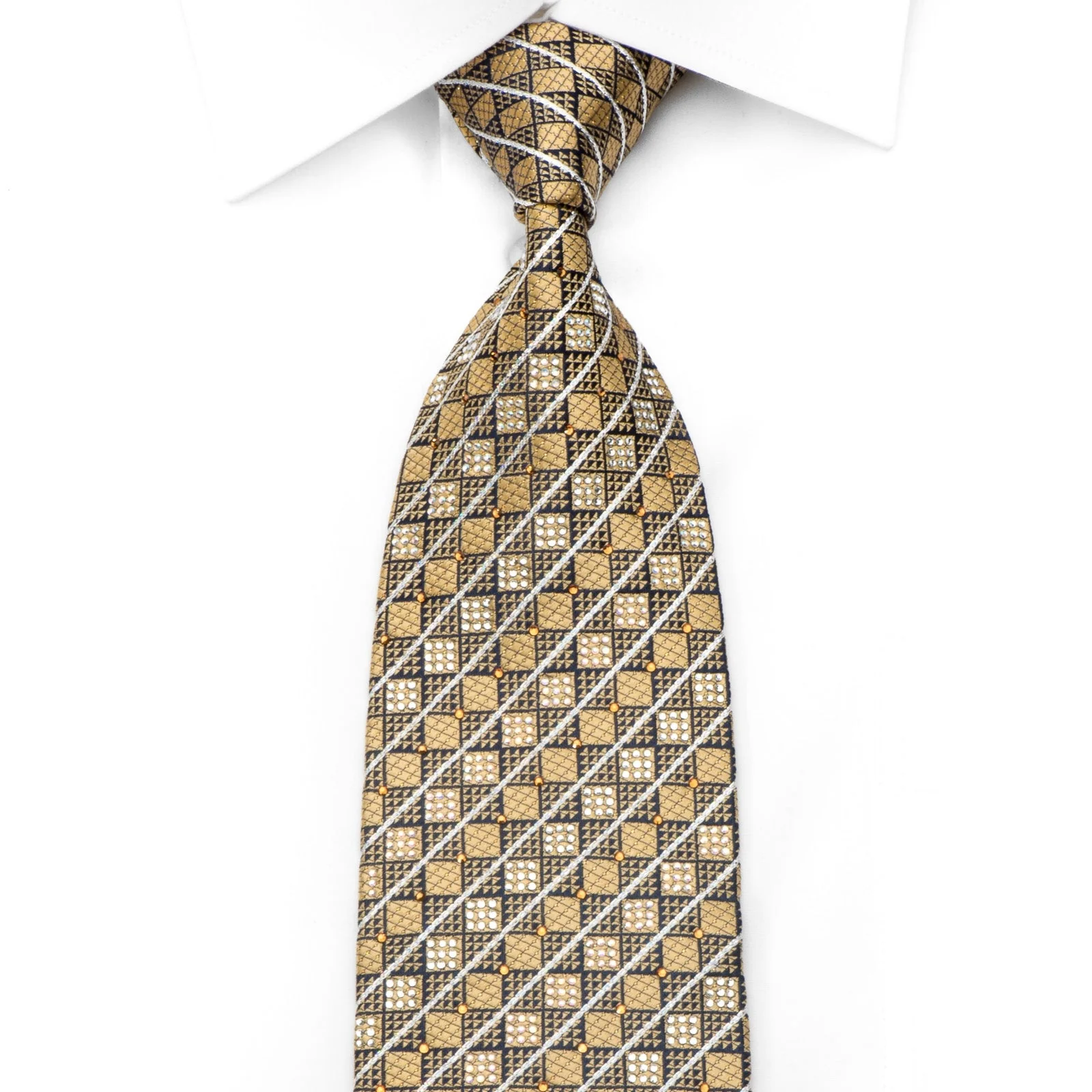 Daks Men's Rhinestone Silk Necktie Golg Checkered On Navy Blue With Silver Sparkles
