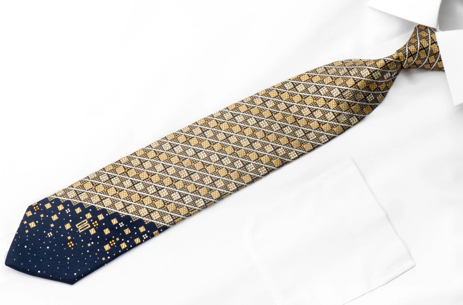 Daks Men's Rhinestone Silk Necktie Golg Checkered On Navy Blue With Silver Sparkles - Image 2