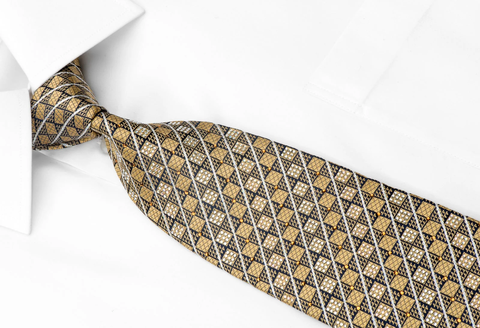 Daks Men's Rhinestone Silk Necktie Golg Checkered On Navy Blue With Silver Sparkles - Image 3