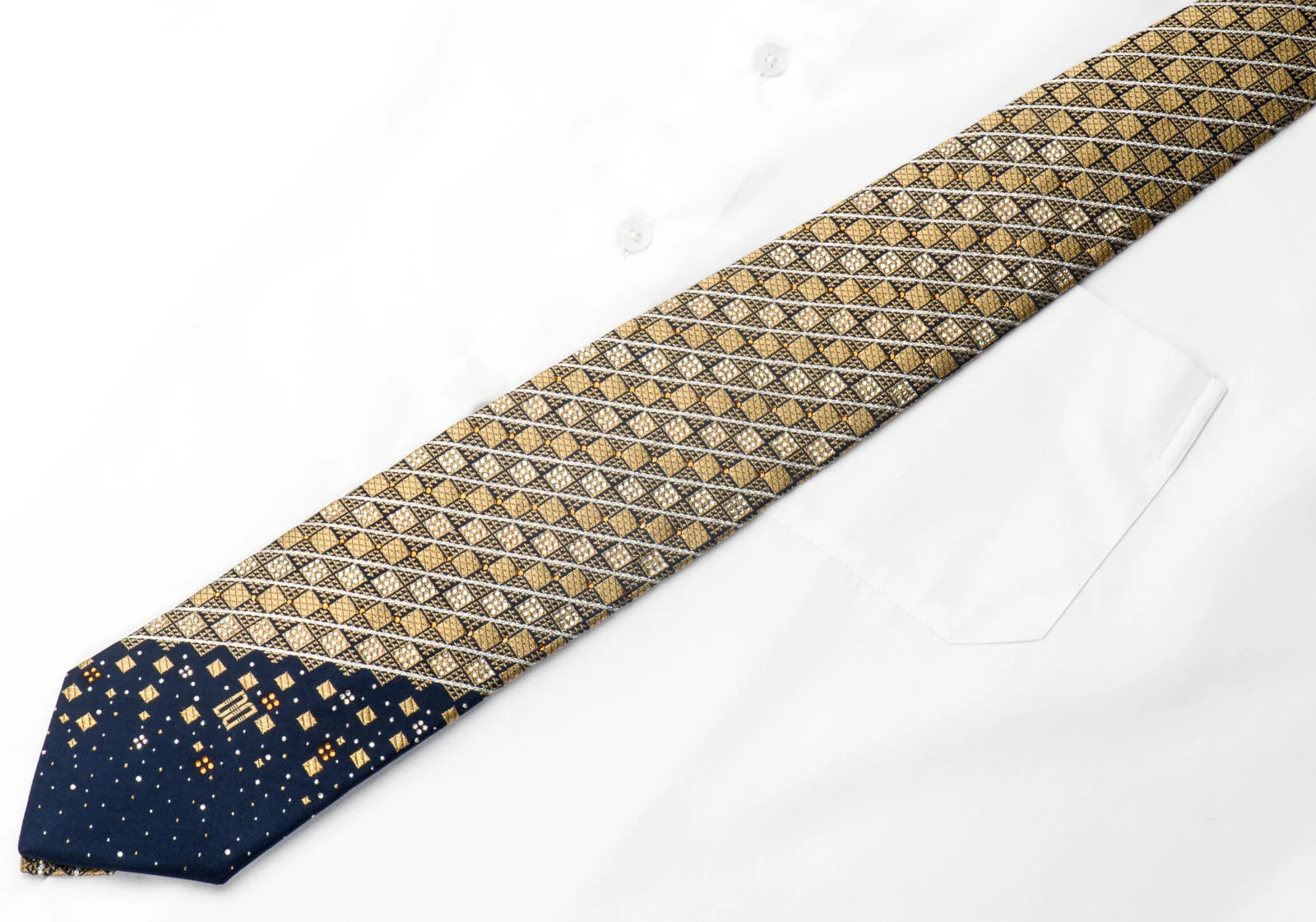 Daks Men's Rhinestone Silk Necktie Golg Checkered On Navy Blue With Silver Sparkles - Image 4
