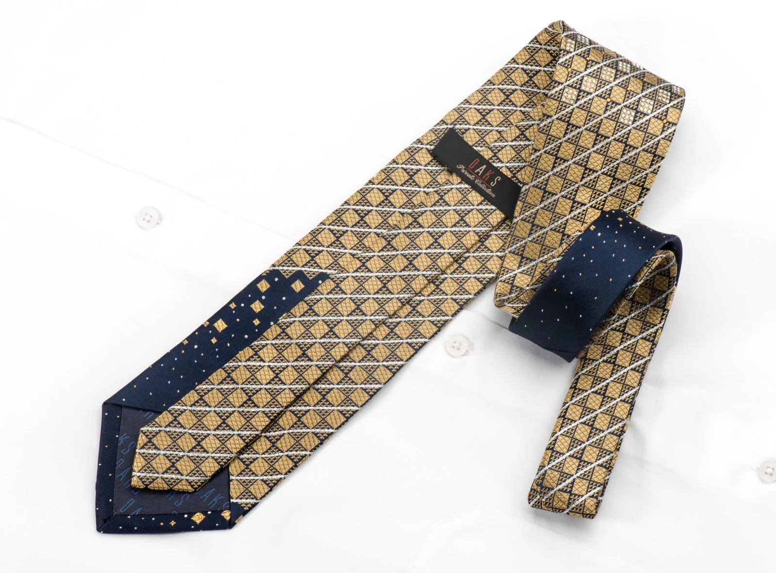 Daks Men's Rhinestone Silk Necktie Golg Checkered On Navy Blue With Silver Sparkles - Image 5