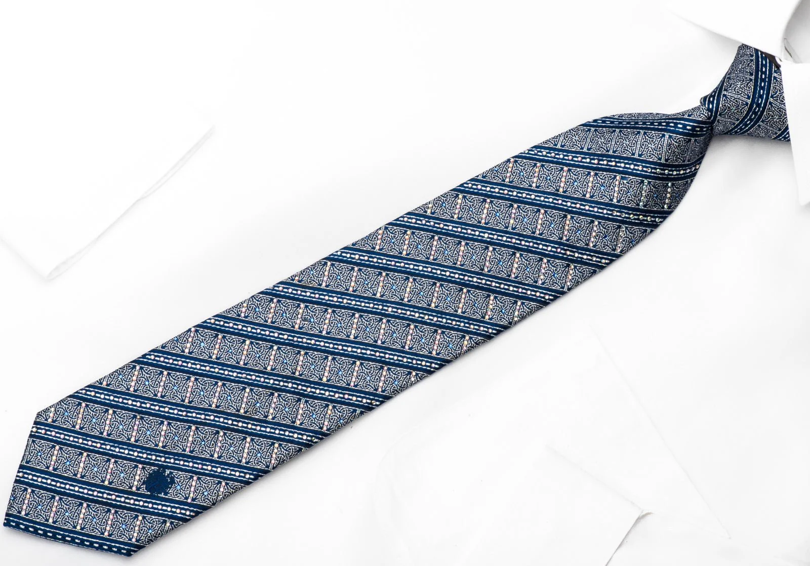 Silver Cartouche & Striped On Blue Rhinestone Silk Necktie With Silver Sparkles - Image 2