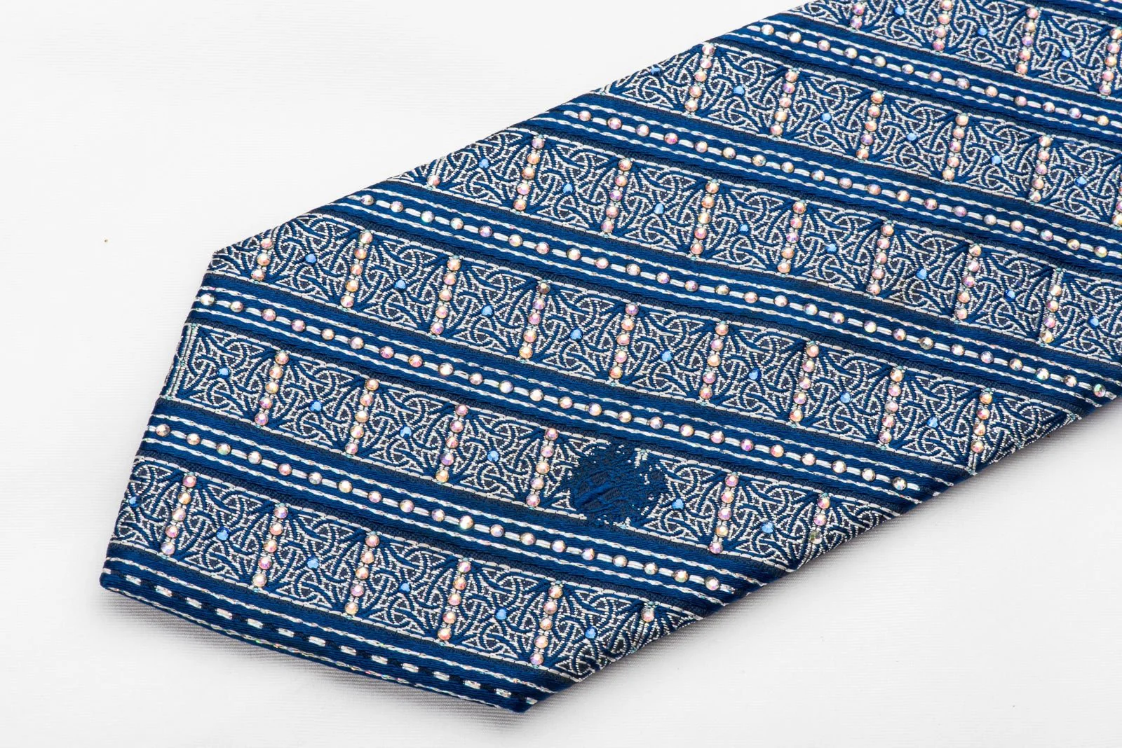 Silver Cartouche & Striped On Blue Rhinestone Silk Necktie With Silver Sparkles - Image 3