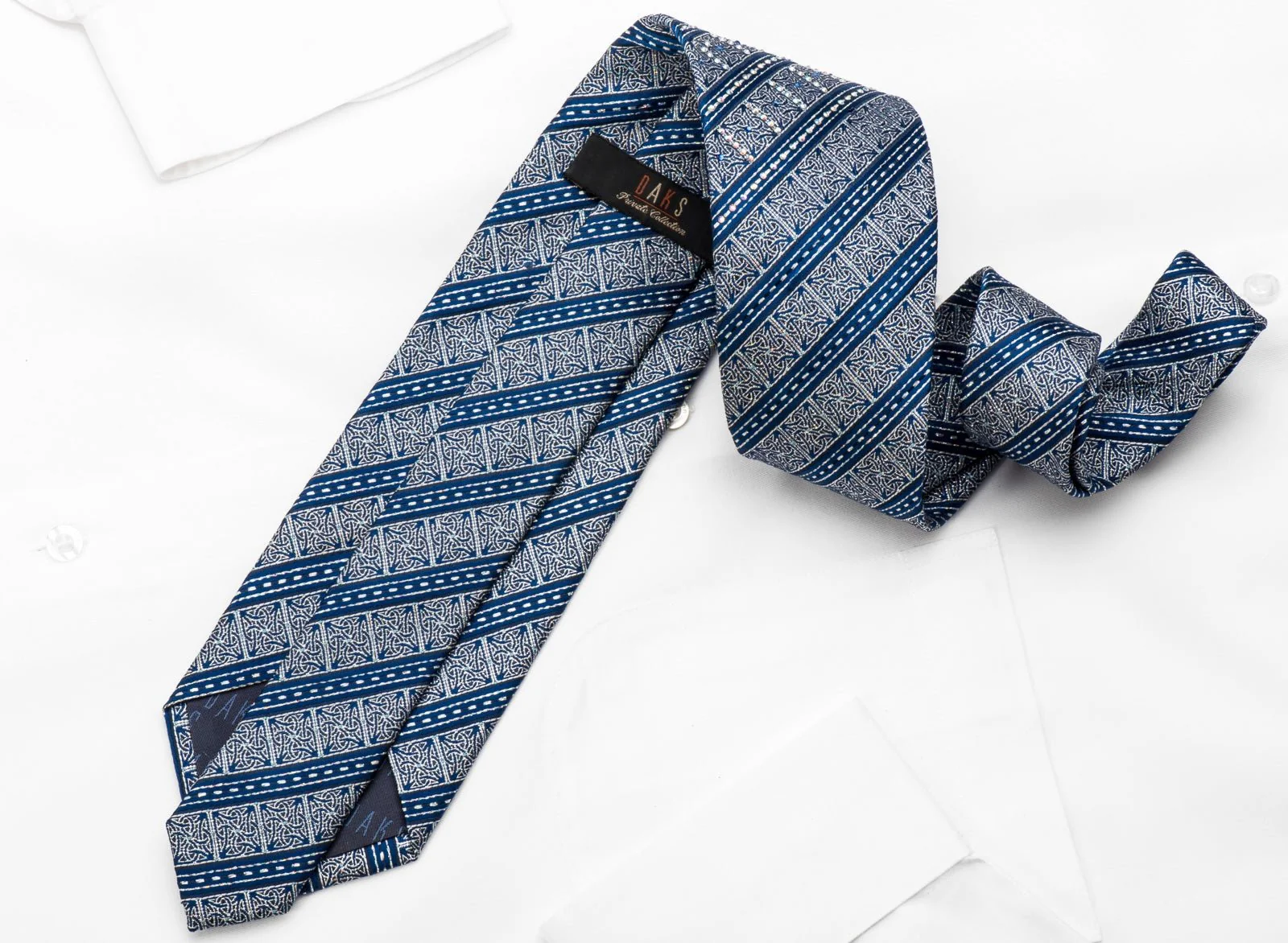 Silver Cartouche & Striped On Blue Rhinestone Silk Necktie With Silver Sparkles - Image 4