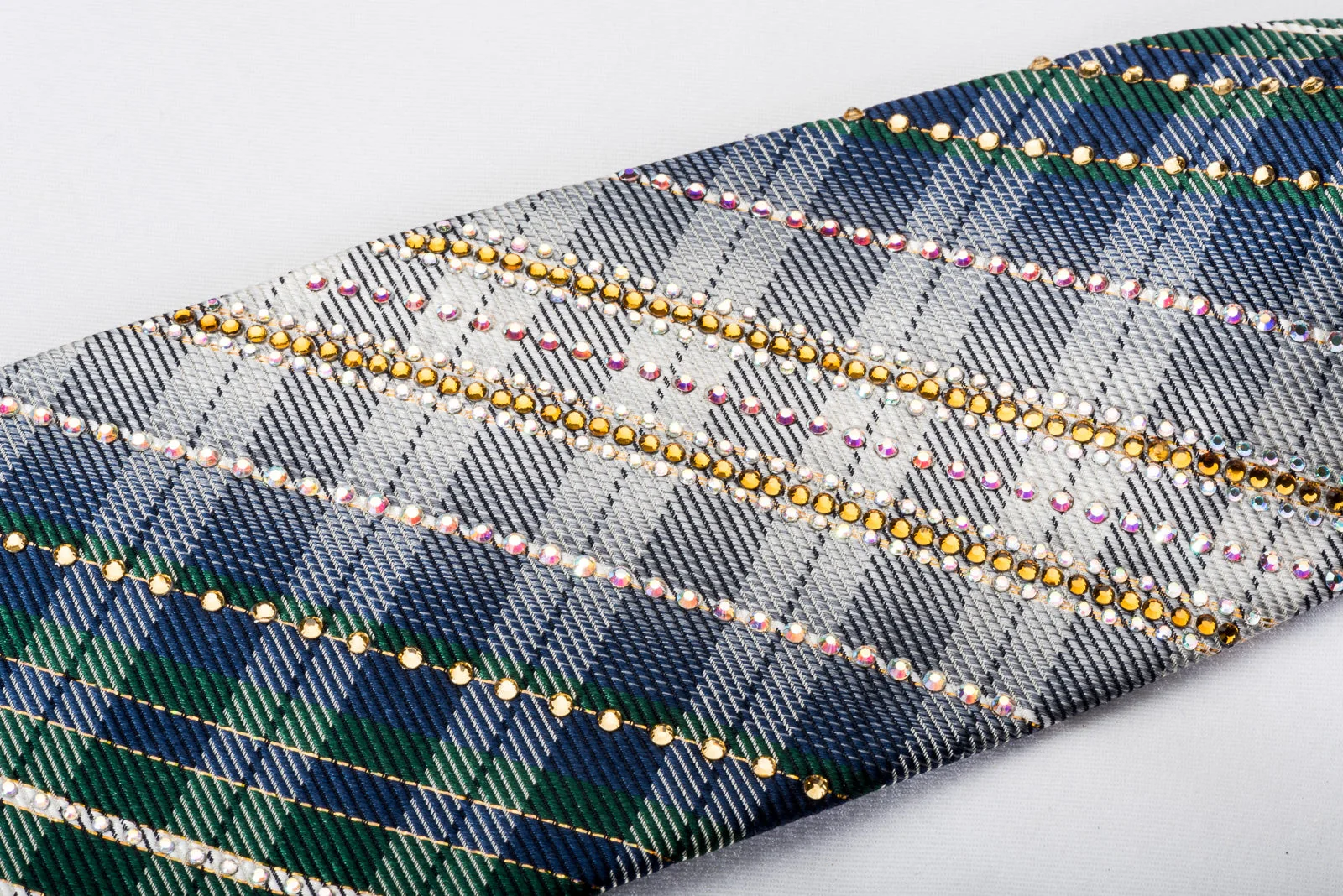Daks Men's Rhinestone Silk Necktie Silver Green Plaid With Gold Sparkles - Image 3