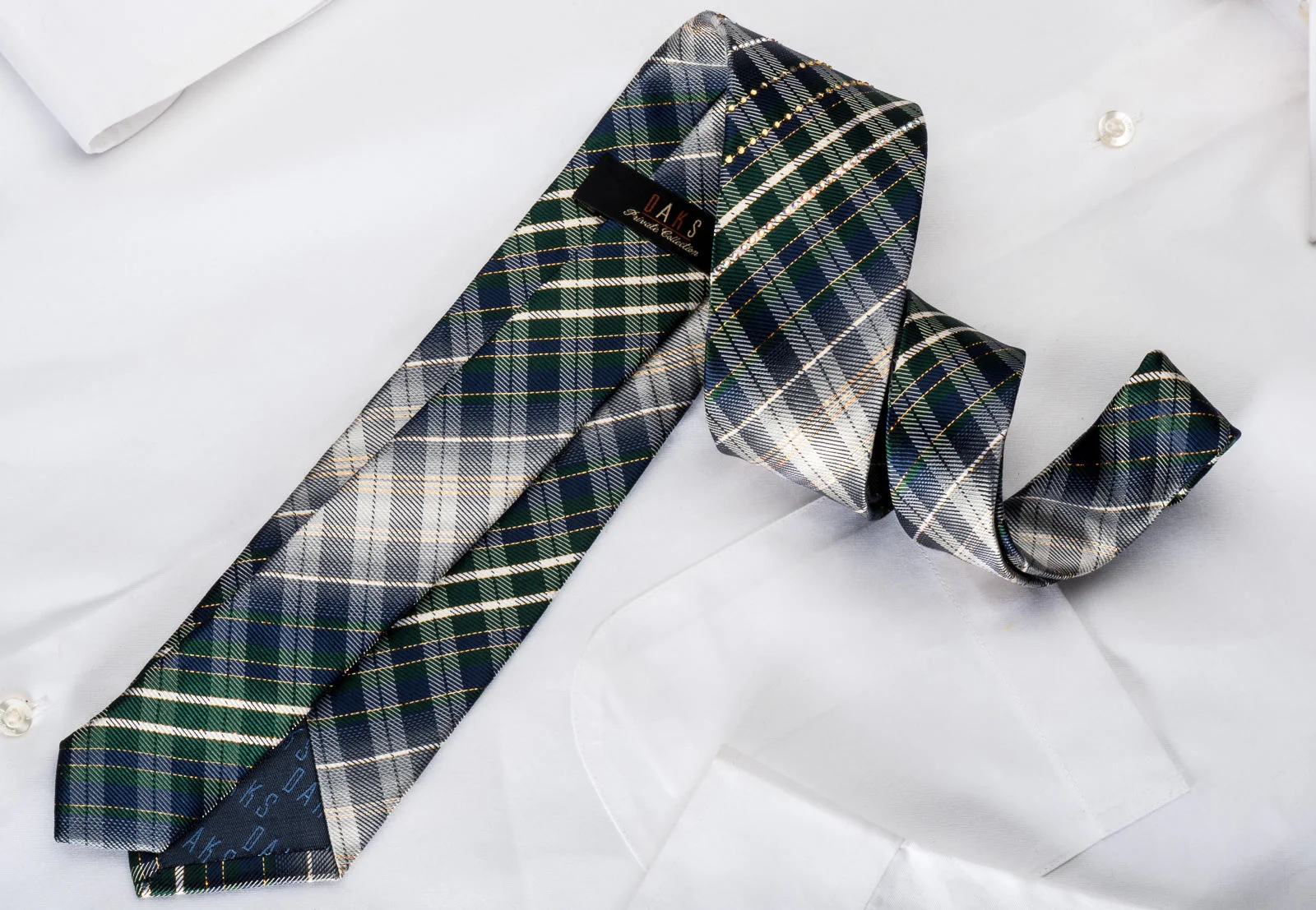 Daks Men's Rhinestone Silk Necktie Silver Green Plaid With Gold Sparkles - Image 5