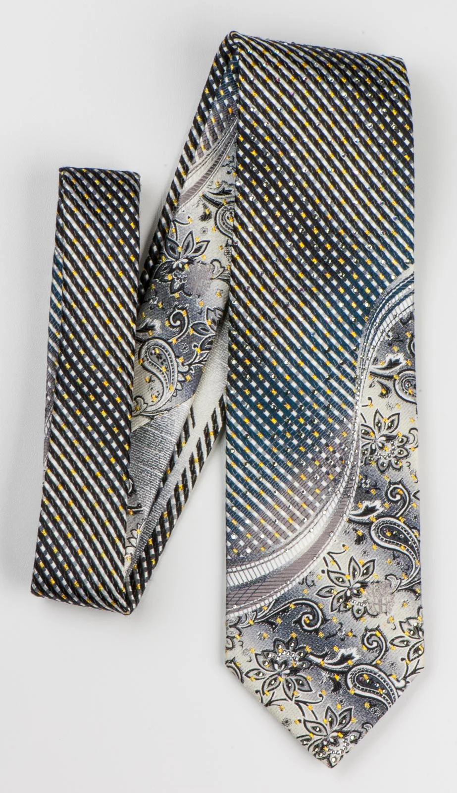 Daks Men's Rhinestone Tie Gray Stripes & Floral With Golden Sparkles - Image 5