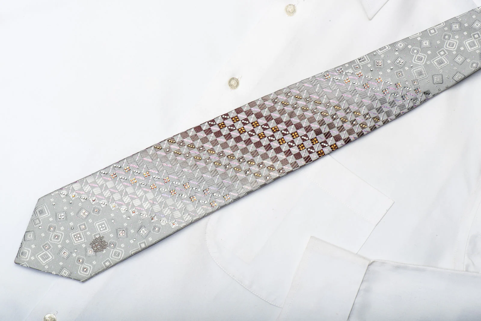 Daks Men's Silk Crystal Rhinestone Necktie Silver Checker With Sparkles - Image 3