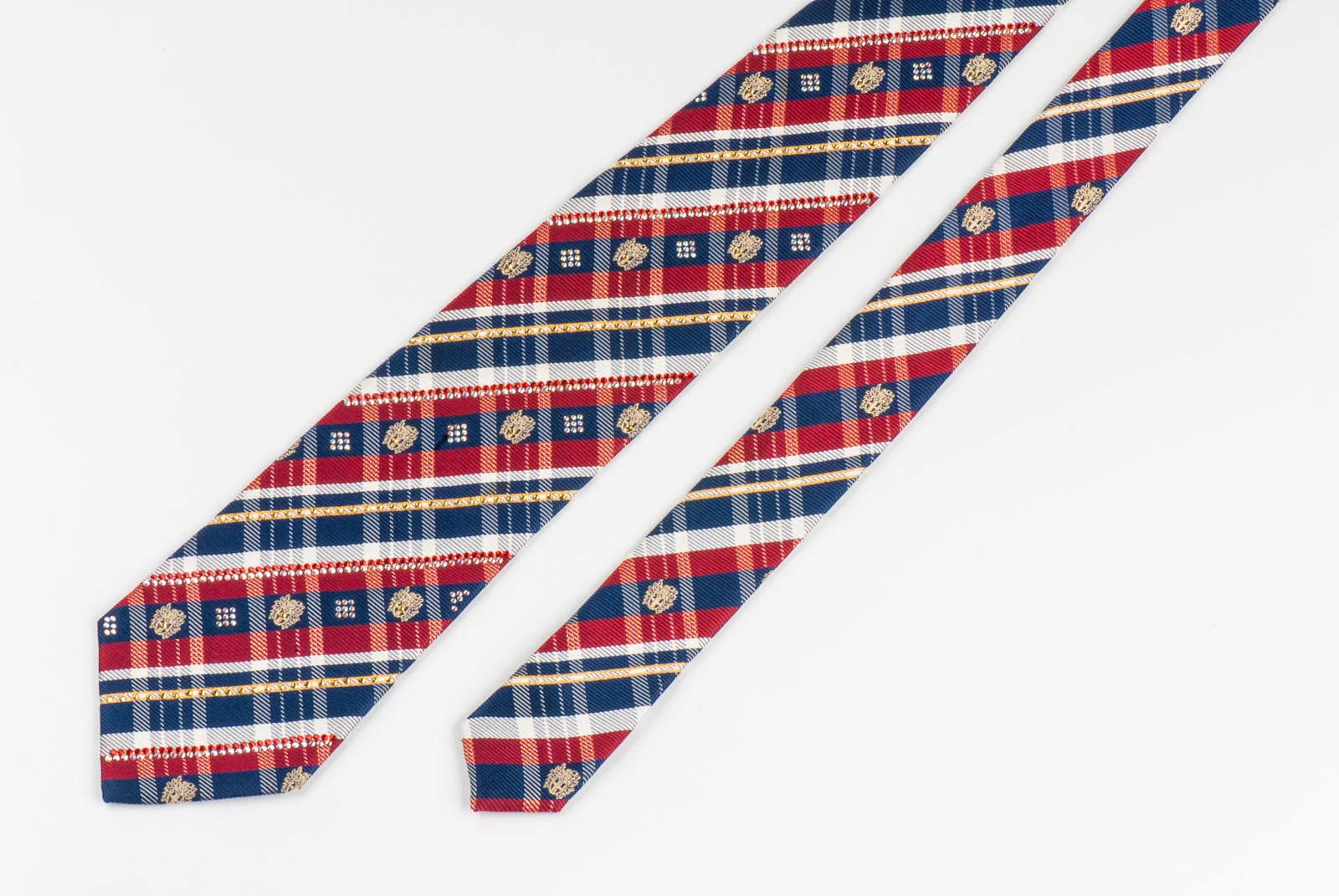 Daks Men's Silk NeckTie Burgundy Blue Stripes With Checks Sparkles & Rhinestones - Image 7