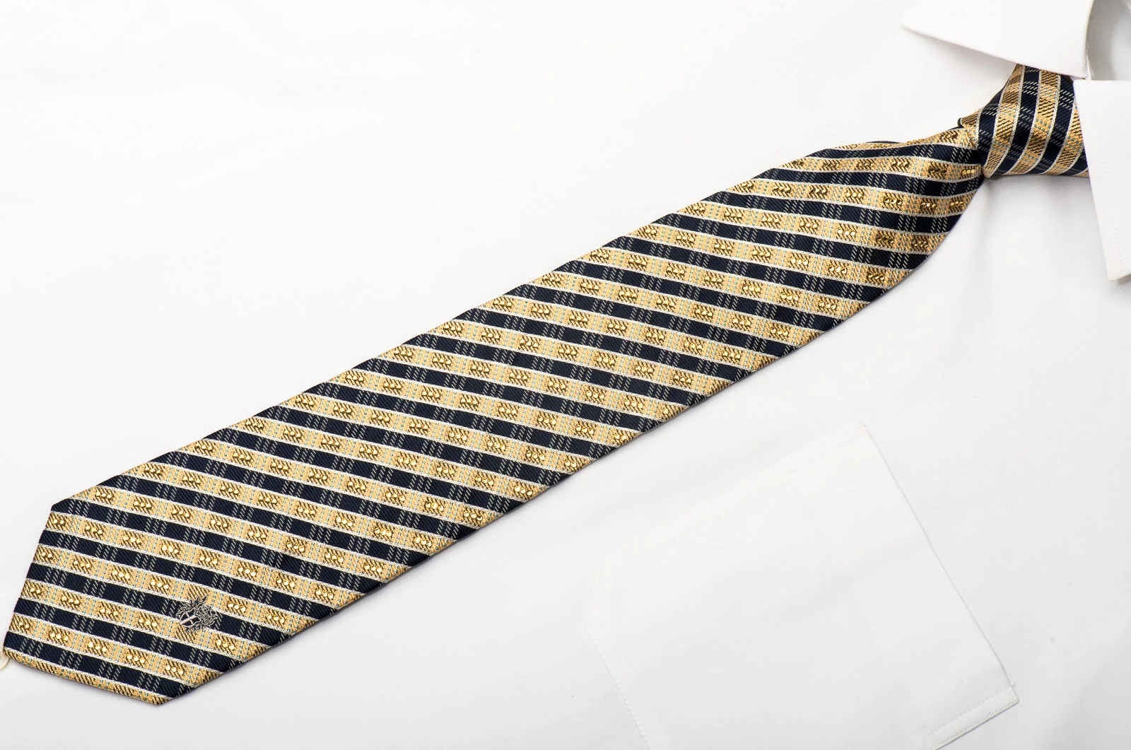 Daks Men's Silk Necktie Gold Navy Striped Sparkling With Rhinestones And Gold Sparkles - Image 4