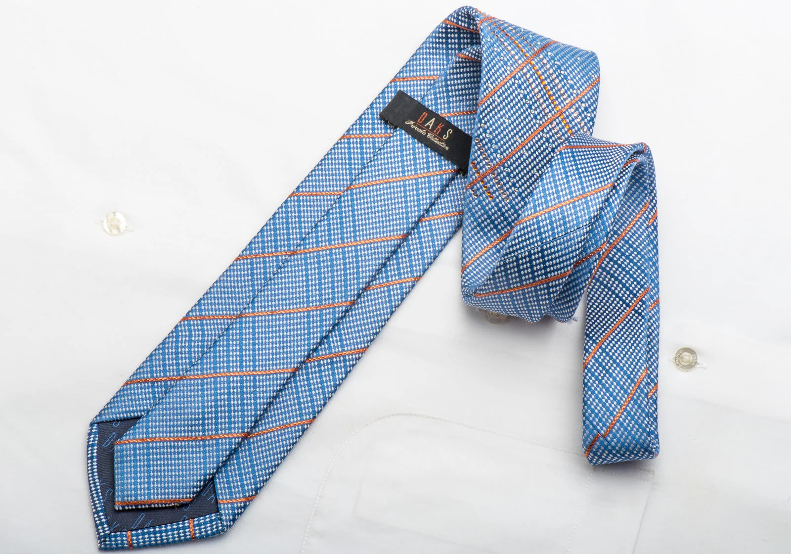 Daks Men's Silk Necktie Orange Silver Striped On Blue Sparkling With Crystal Rhinestones - Image 6