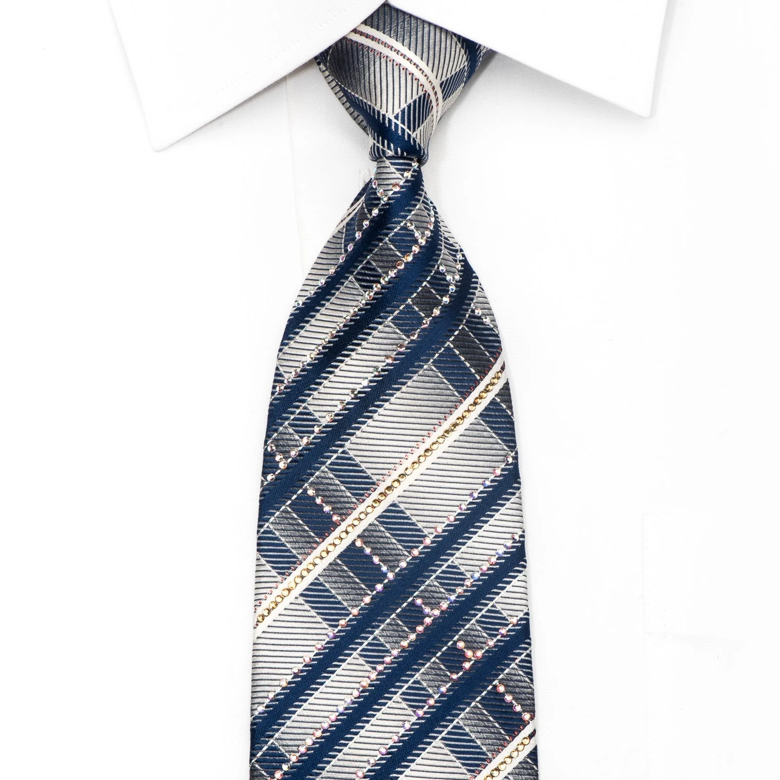 Silver Blue Striped Men's Silk Necktie With Silver Sparkles