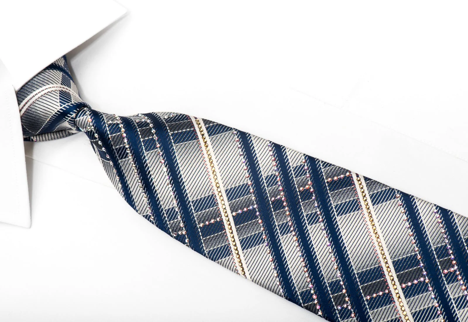 Silver Blue Striped Men's Silk Necktie With Silver Sparkles - Image 2