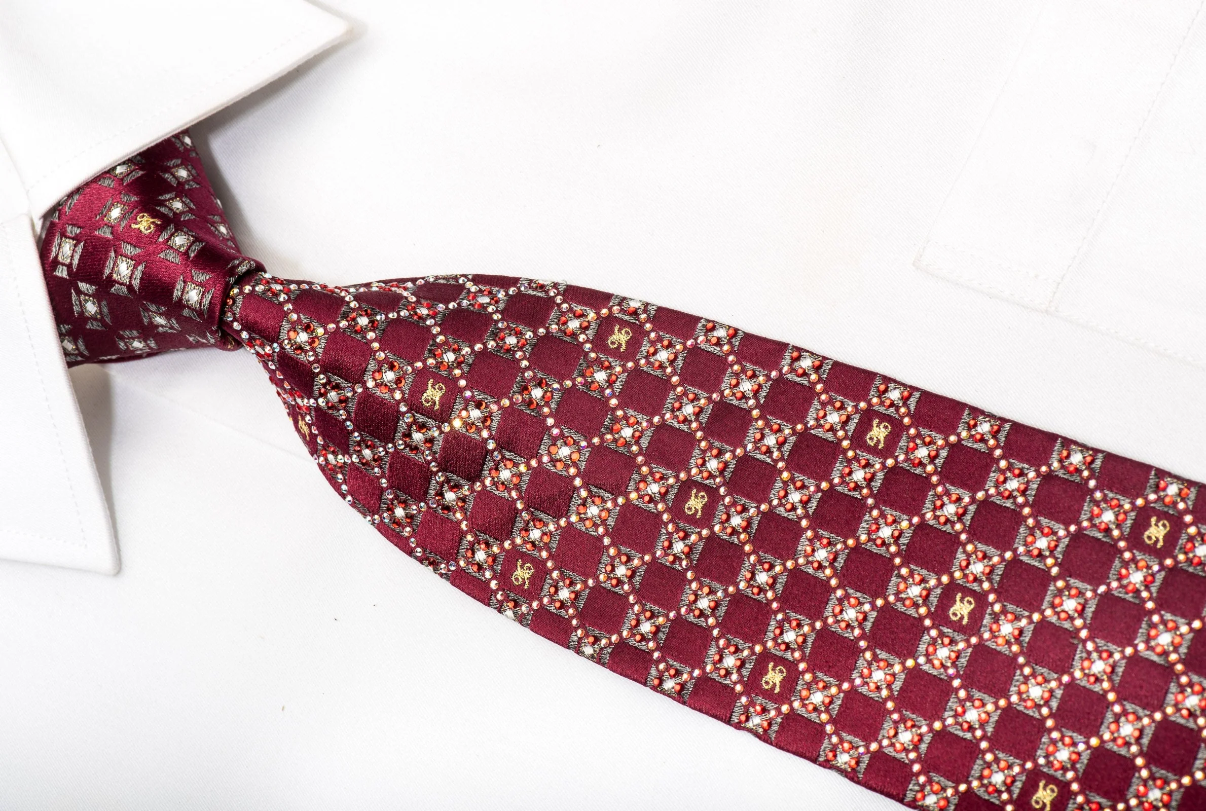 Daks Men's Silk Necktie Silver Burgundy Checkered Sparkling With Rhinestones - Image 2