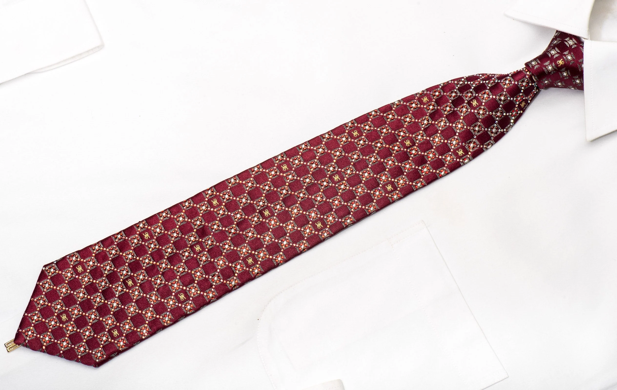 Daks Men's Silk Necktie Silver Burgundy Checkered Sparkling With Rhinestones - Image 4