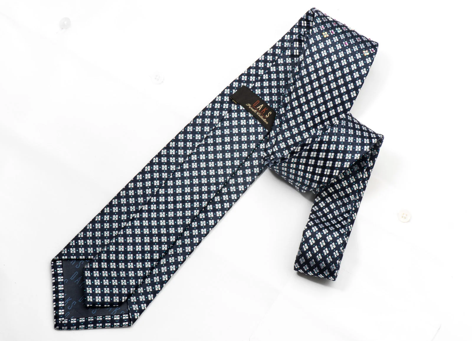 Daks Men's Silk Necktie Silver Checkered On Navy Sparkling With Rhinestones - Image 5