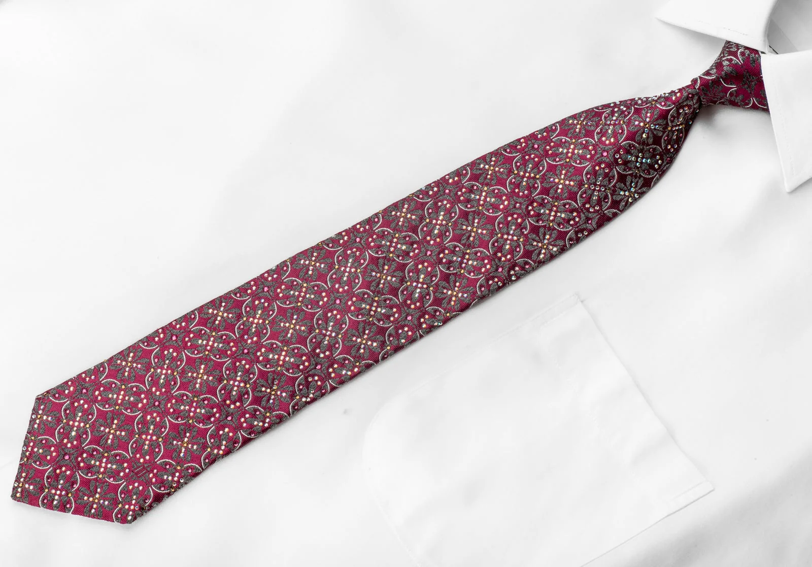 Silver Purple Geometric Rhinestone Silk Tie - Image 3