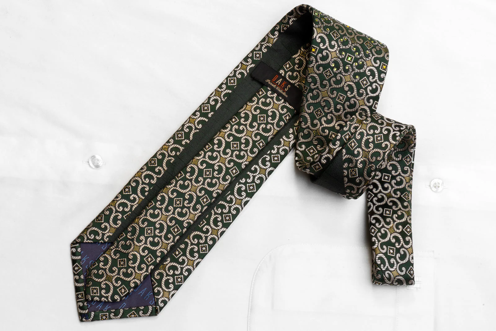 Men's Silk Necktie Silver Scrolls On Dark Green With Gold Sparkles - Image 5