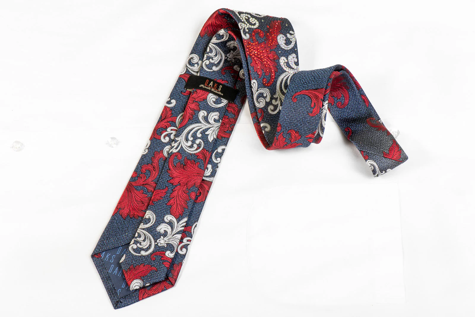 Daks Men's Silk Rhinestone Necktie Red Silver Acanthus On Navy - Image 6