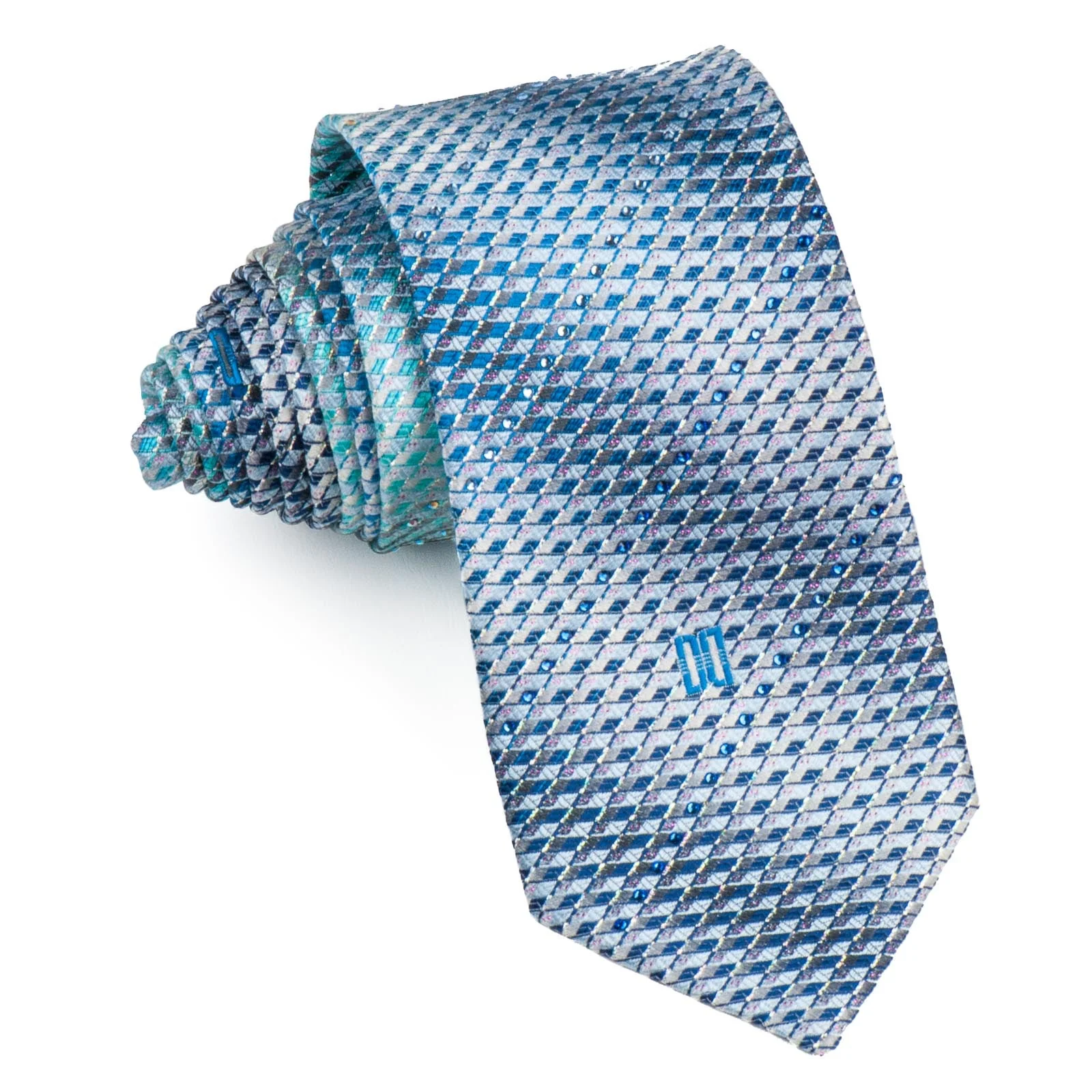 Daks Men's Silk Rhinestone Tie Blue Checked With Silver Sparkles
