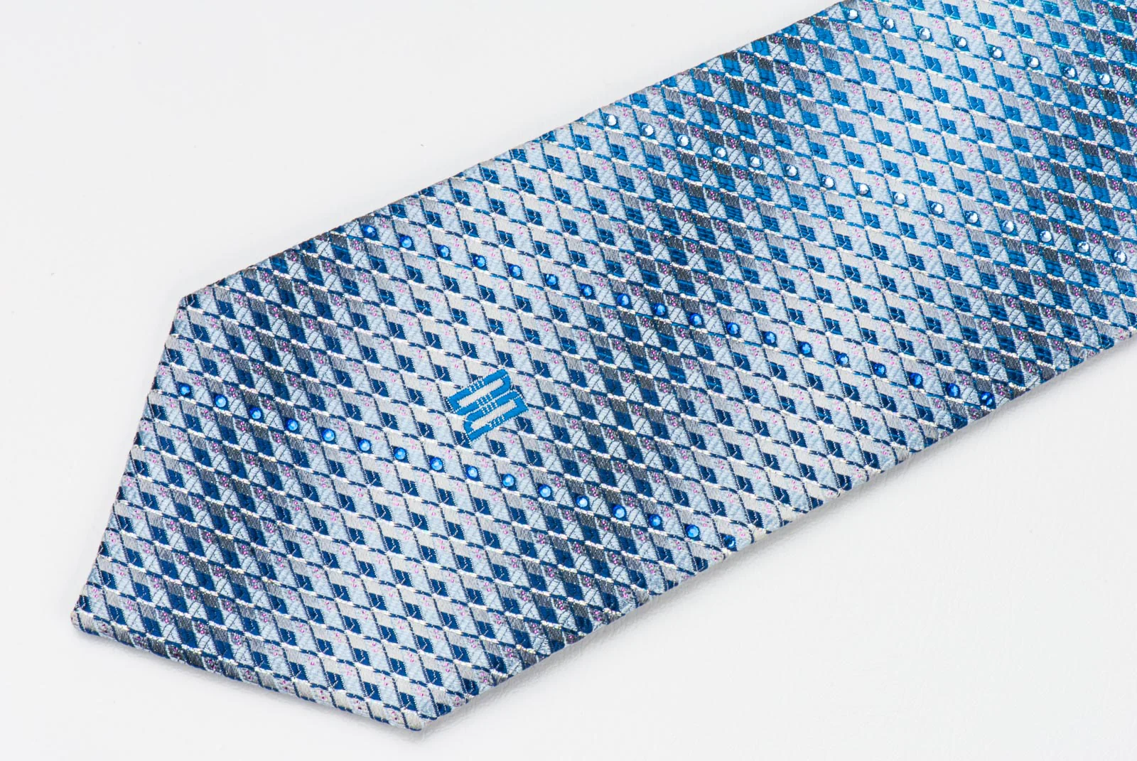 Daks Men's Silk Rhinestone Tie Blue Checked With Silver Sparkles - Image 4