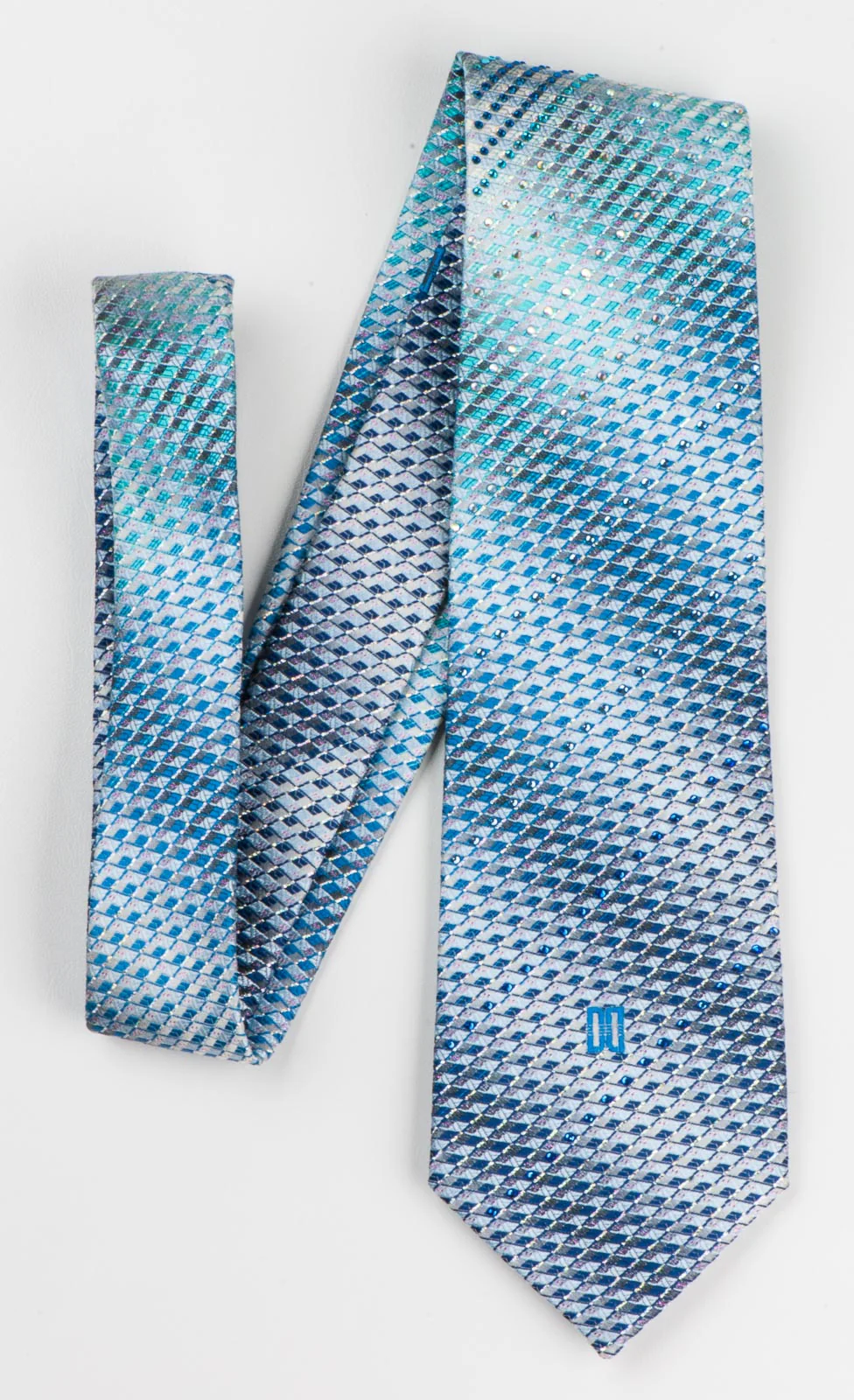 Daks Men's Silk Rhinestone Tie Blue Checked With Silver Sparkles - Image 6