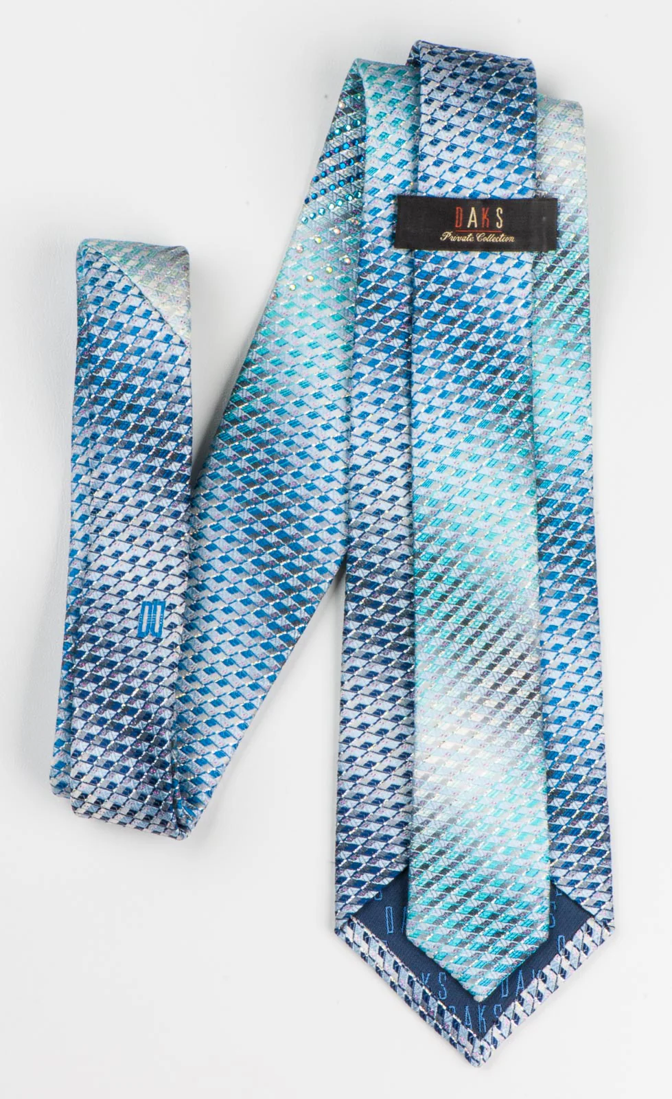 Daks Men's Silk Rhinestone Tie Blue Checked With Silver Sparkles - Image 7