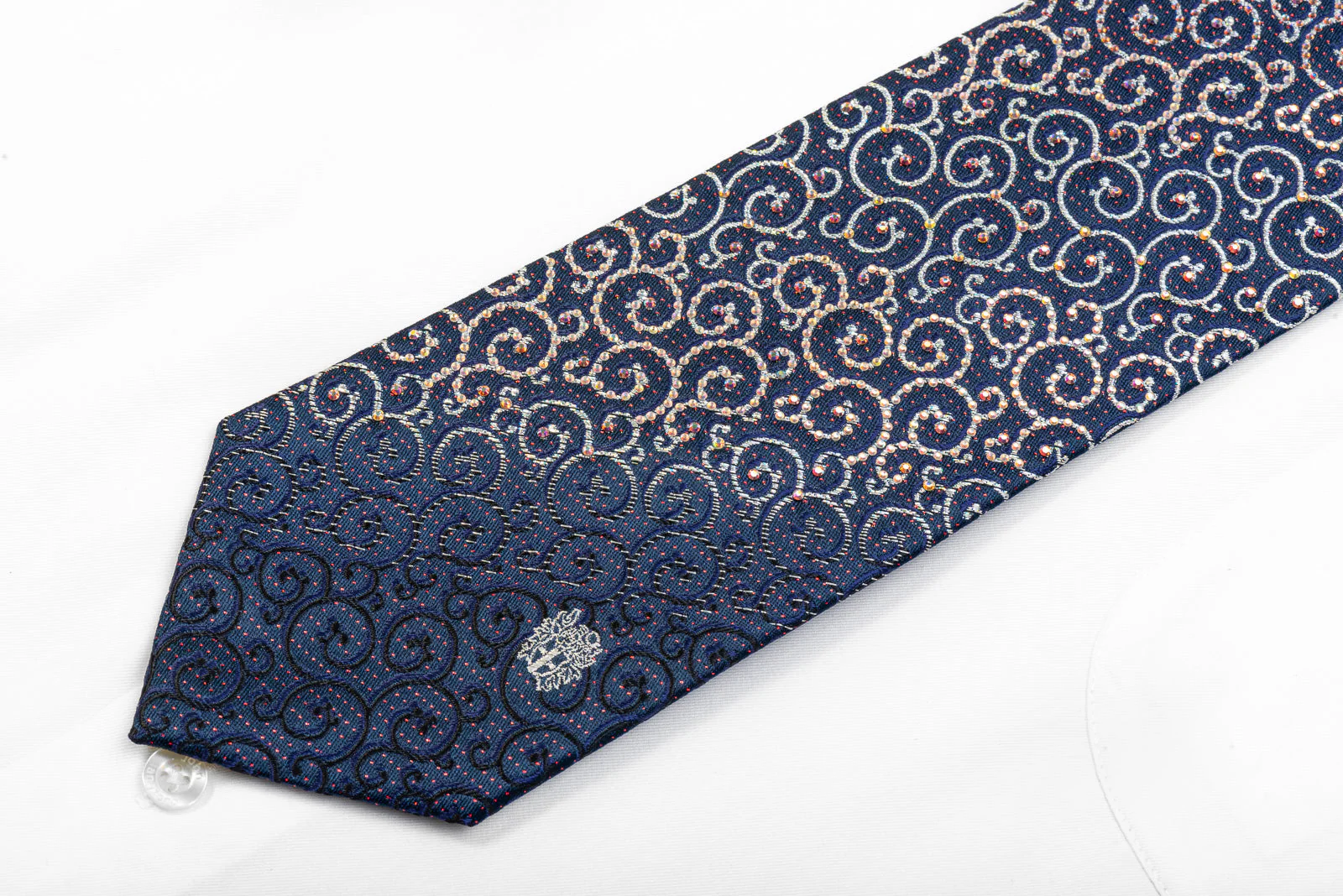 Daks Men's Silk Rhinestone Tie Silver Scrolls On Navy With Sparkles - Image 4