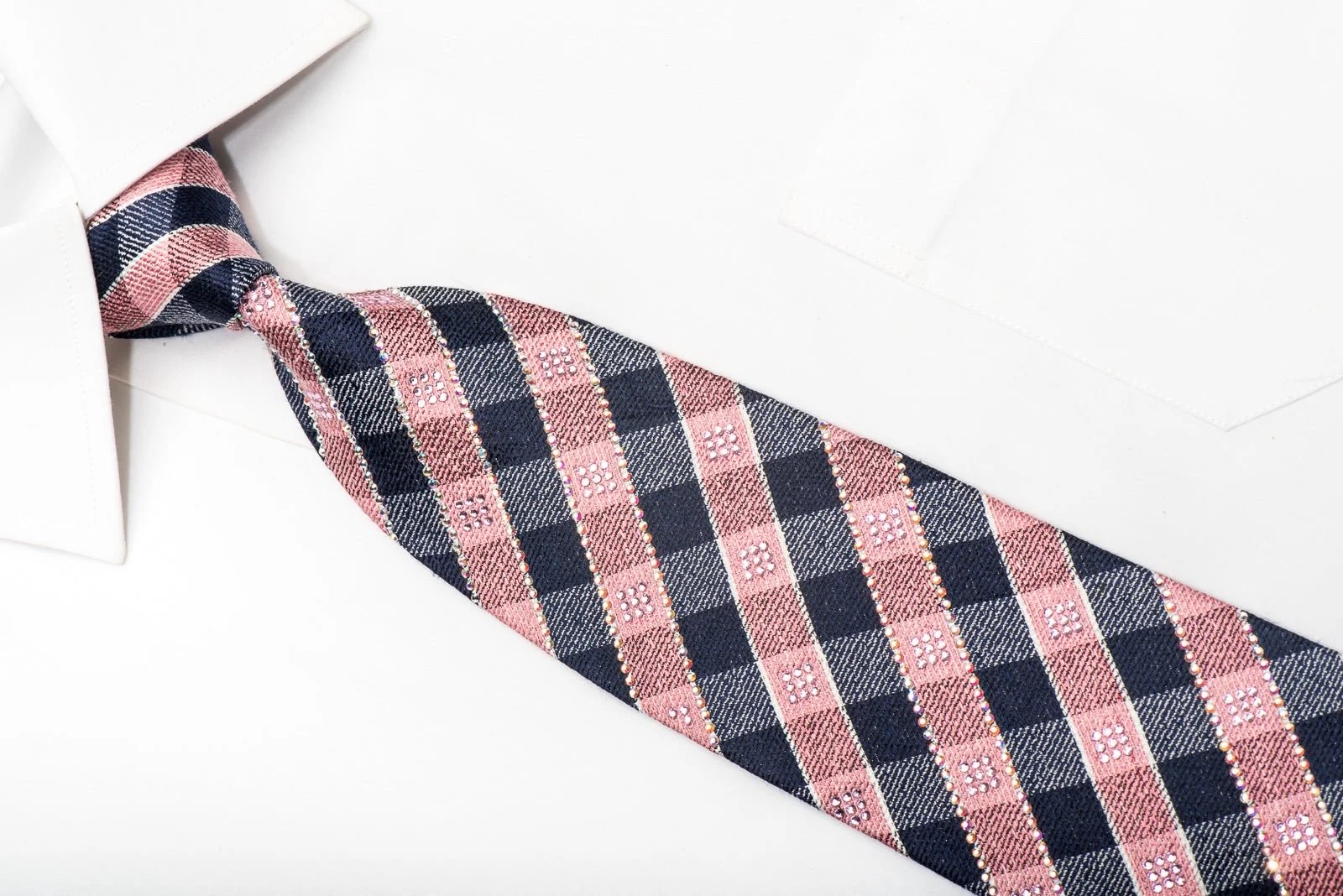 Daks Men's Silk Tie Pink Navy Plaids Sparkling With Rhinestones - Image 3