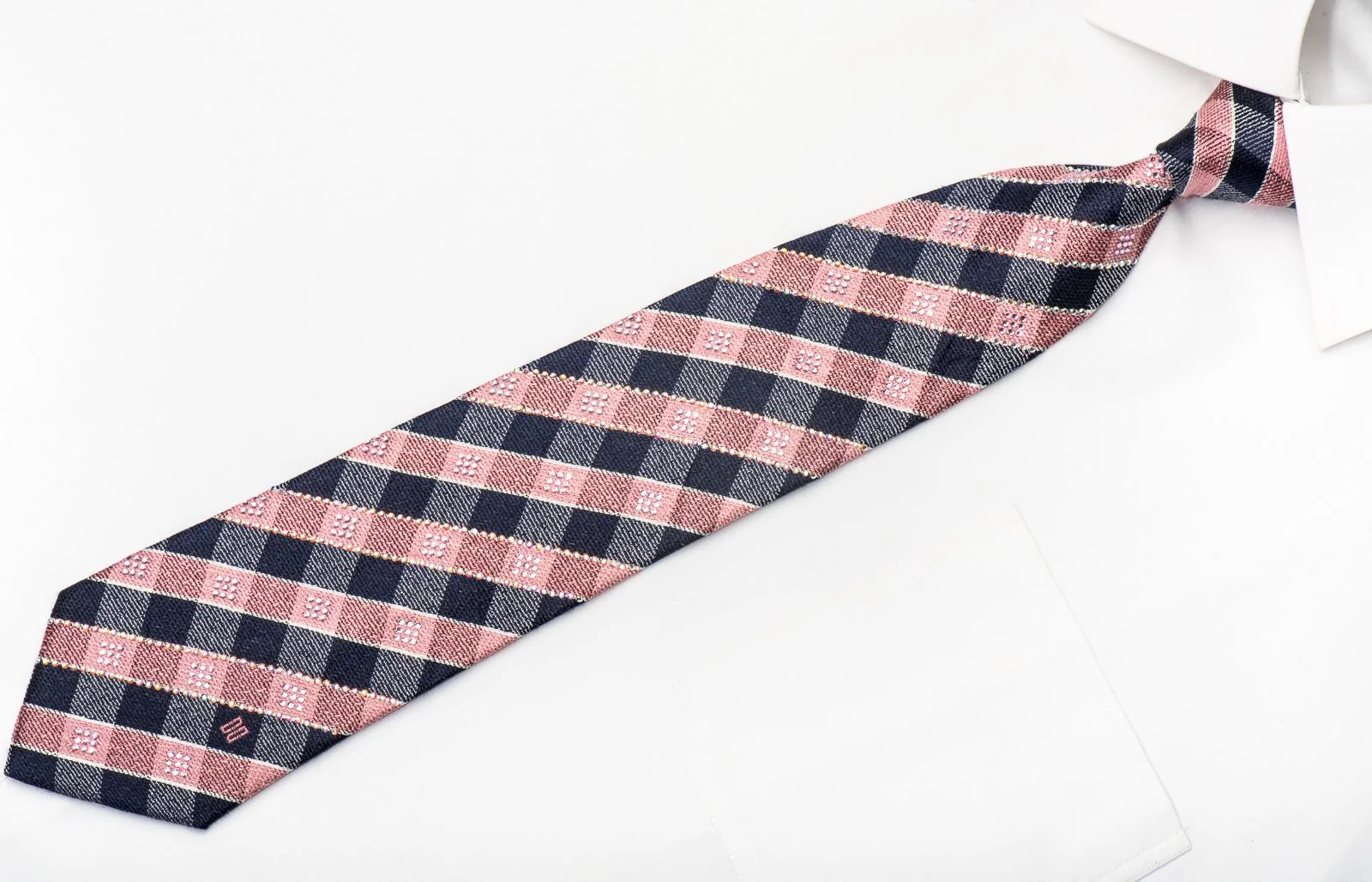 Daks Men's Silk Tie Pink Navy Plaids Sparkling With Rhinestones - Image 4