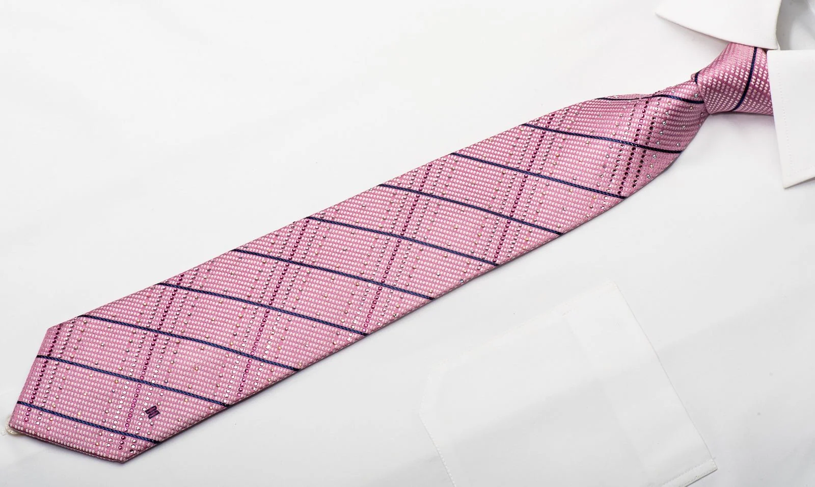 Daks Men's Silk Tie Striped On Pink Sparkling With Crystal Rhinestones - Image 3